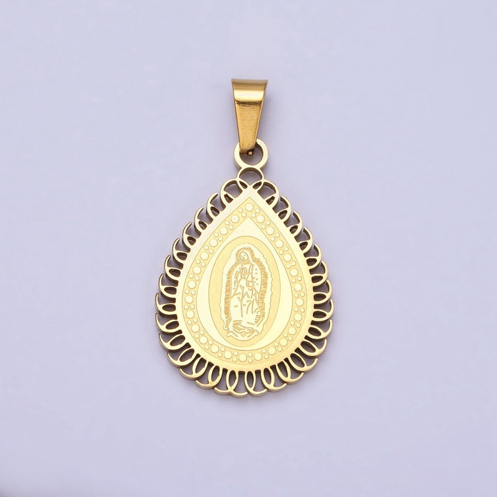 Stainless Steel Mother Mary Lady Guadalupe Engraved Teardrop Pendant in Gold & Silver J-640 J-641 - DLUXCA