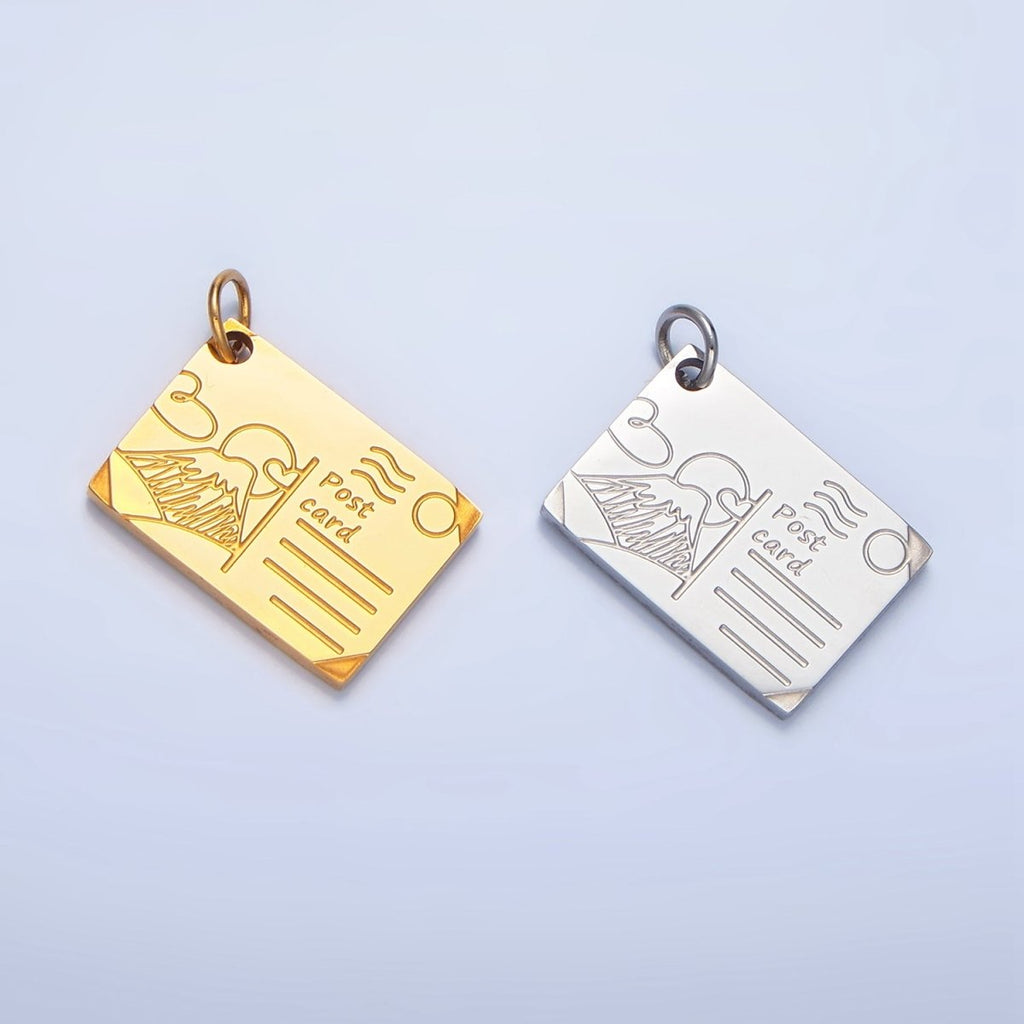 Stainless Steel Mount Fuji Japan Engraved Post Card Charm in Gold & Silver | P1248 - DLUXCA