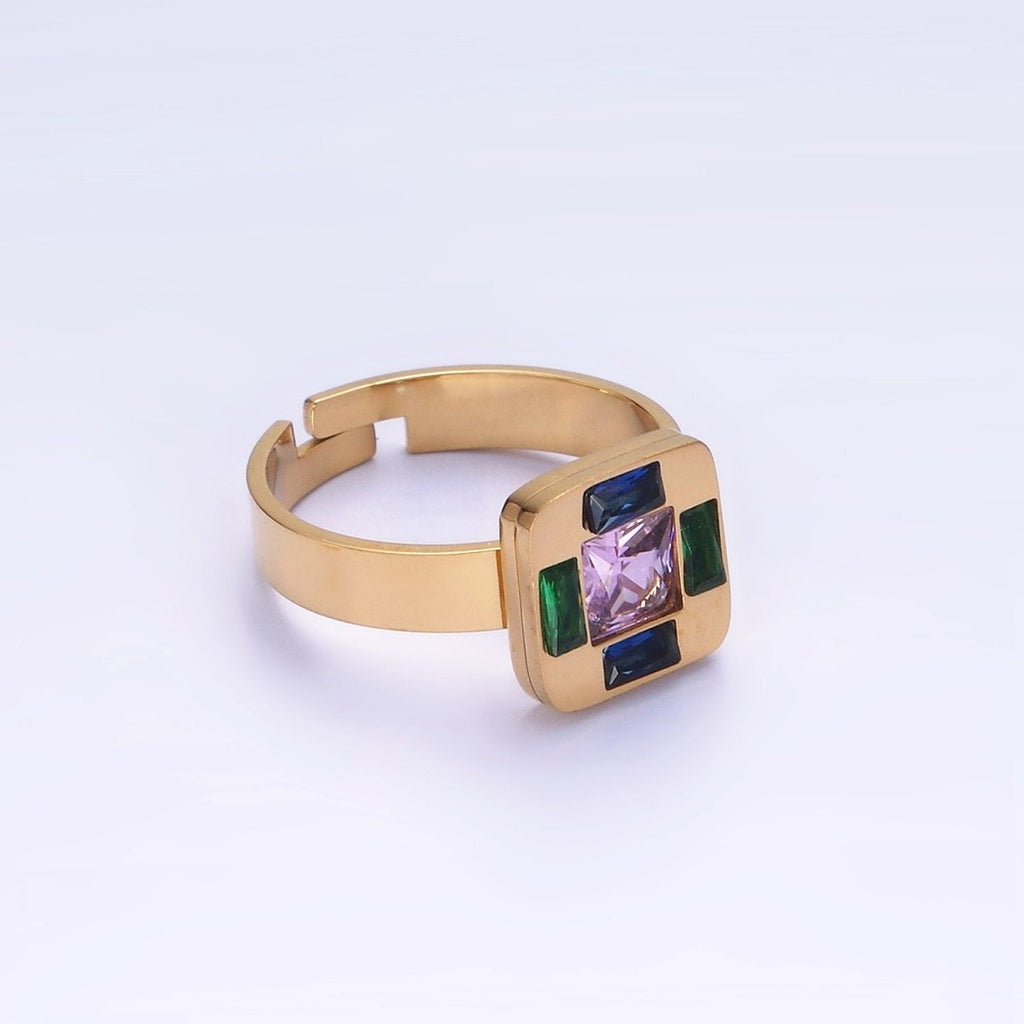 Stainless Steel Multiple Multicolor CZ Baguette Square Ring | O1301 - DLUXCA