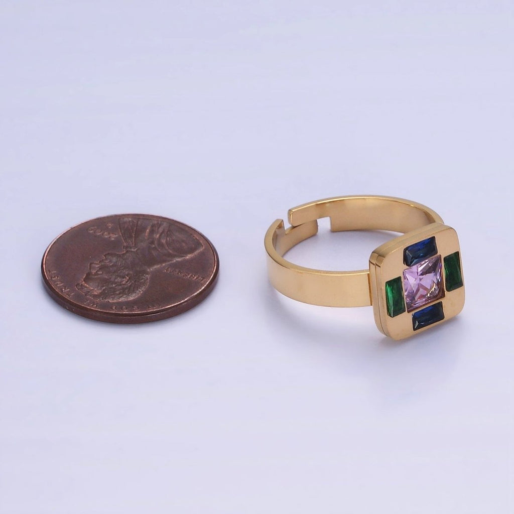 Stainless Steel Multiple Multicolor CZ Baguette Square Ring | O1301 - DLUXCA