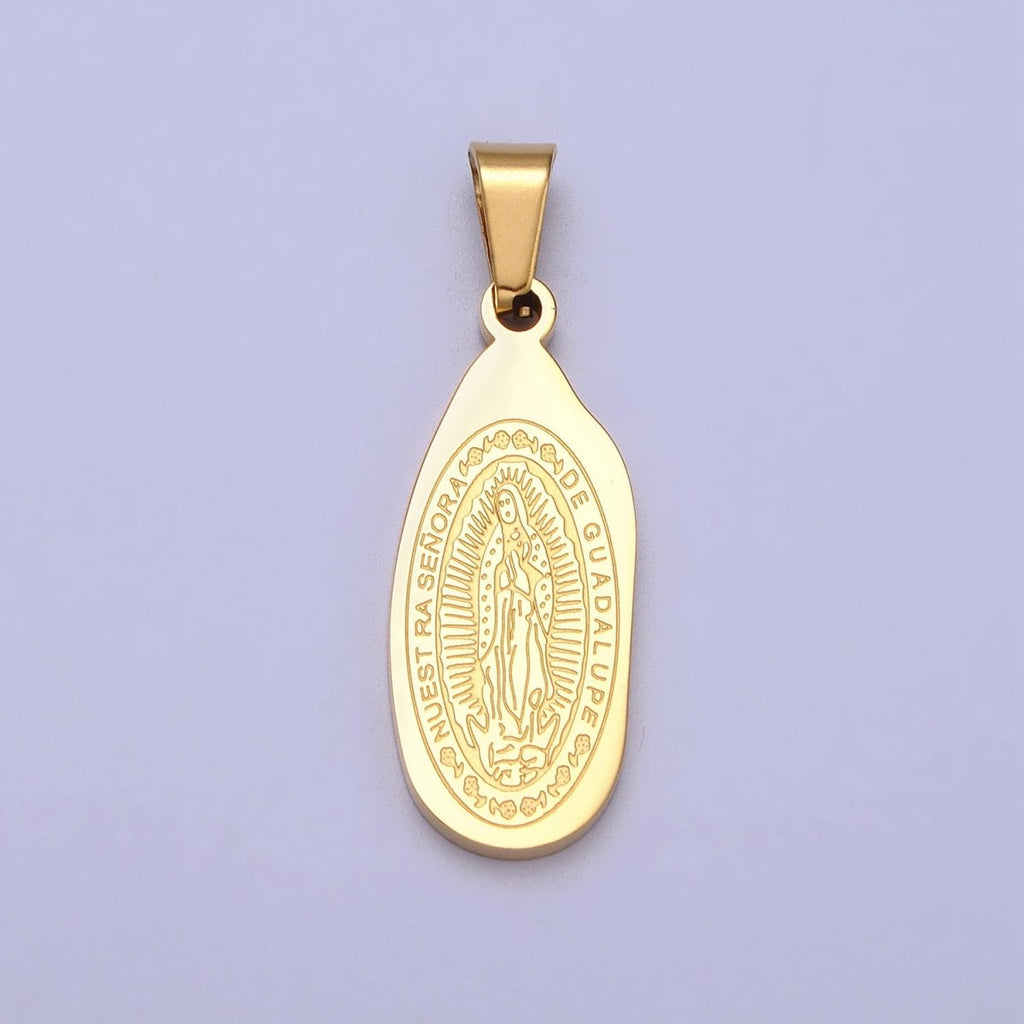 Stainless Steel Nuestra Señora De Guadalupe Engraved Abstract Oval Pendant in Gold & Silver J-613 J-618 - DLUXCA