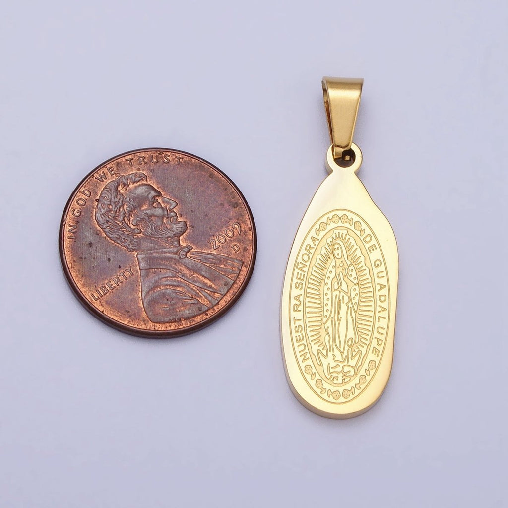 Stainless Steel Nuestra Señora De Guadalupe Engraved Abstract Oval Pendant in Gold & Silver J-613 J-618 - DLUXCA