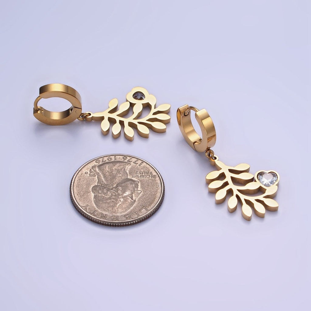 Stainless Steel Olive Leaf Nature Heart CZ Drop Huggie Earrings Set | AE466 - DLUXCA