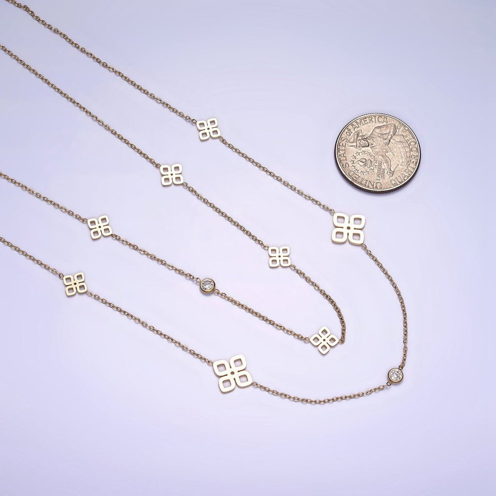 Stainless Steel Open Multiple Quatrefoil Double Clear CZ Cable Double Layer Chain Stack Necklace | WA-2069 Clearance Pricing - DLUXCA