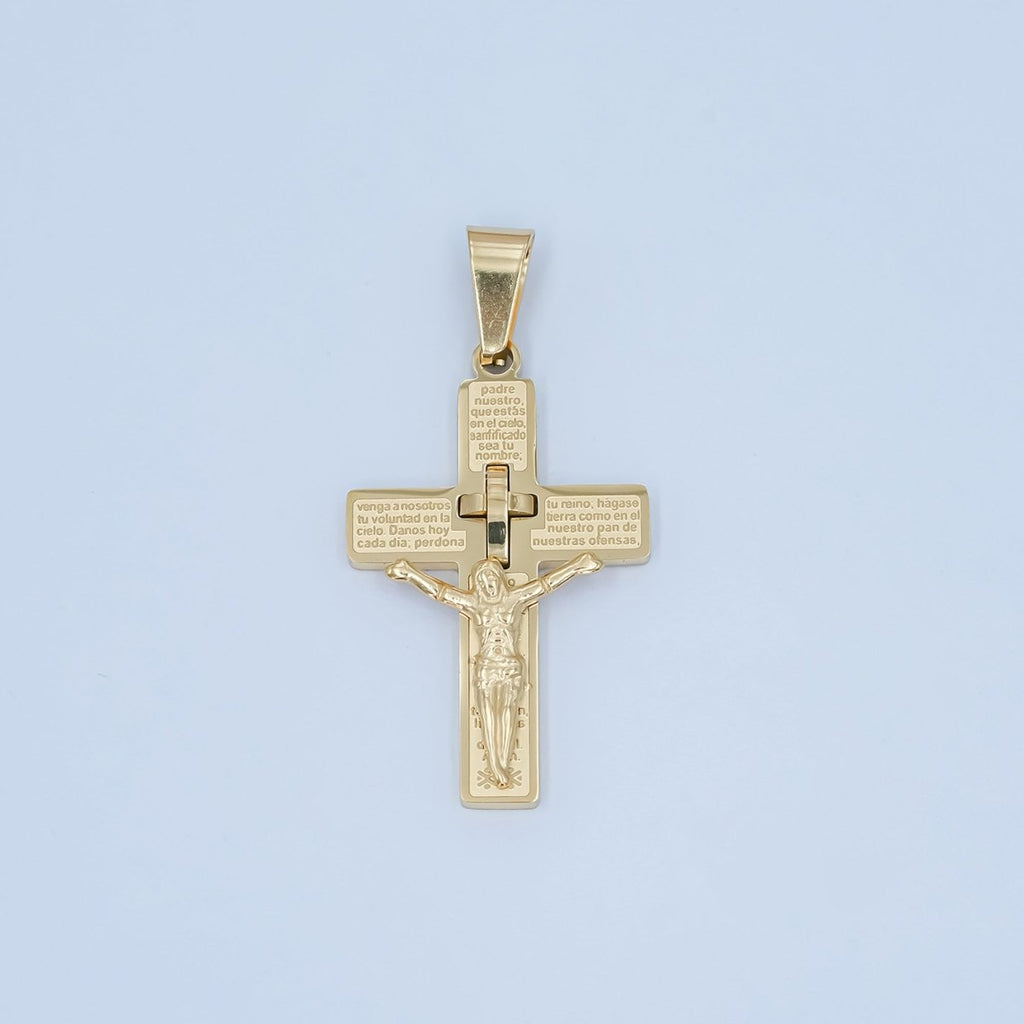 Stainless Steel "Padre Nuestro" Script Crucifix Cross Pendant in Gold & Silver | P1071 - DLUXCA