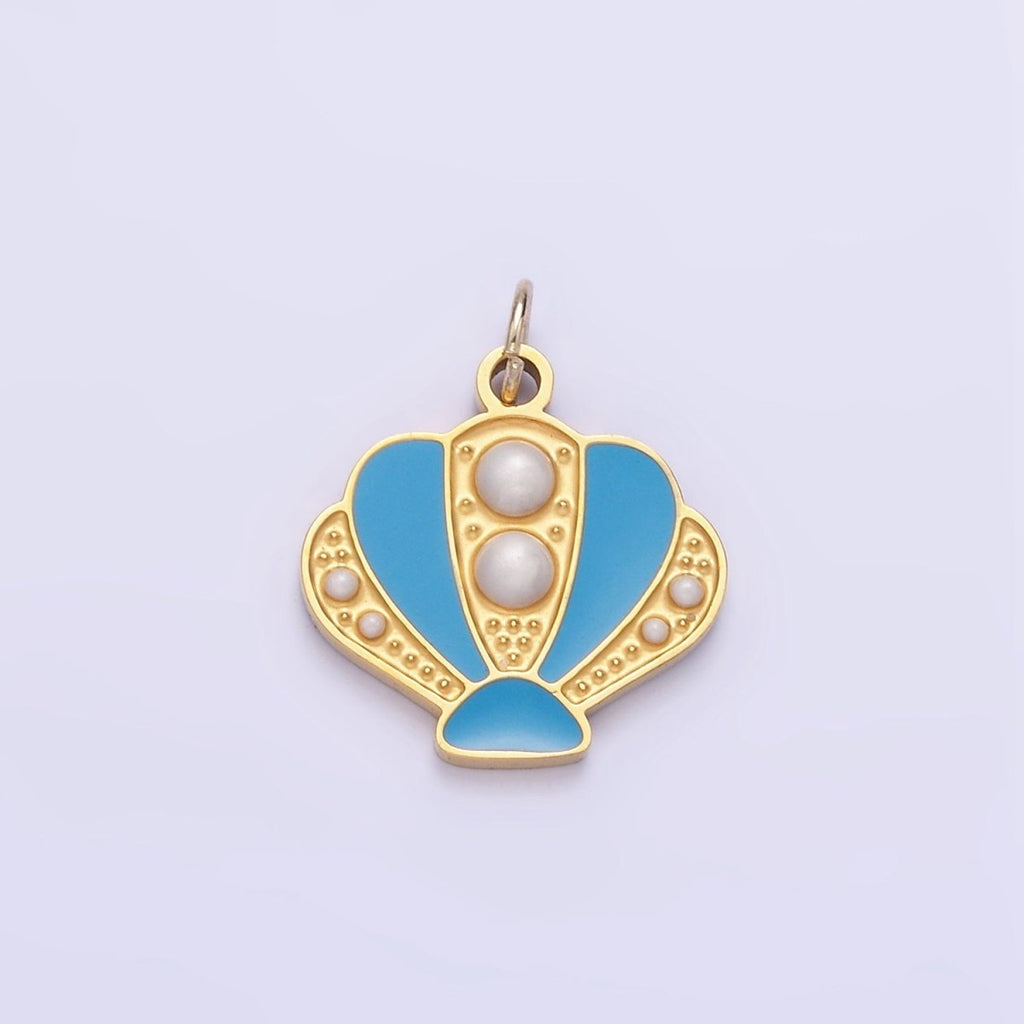 Stainless Steel Pearl Blue Sea Clam Shell Enamel Charm | P1015 - DLUXCA