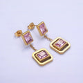 Stainless Steel Pink CZ Baguette Open Edged Square Bezel Drop Stud Earrings | AE453 - DLUXCA