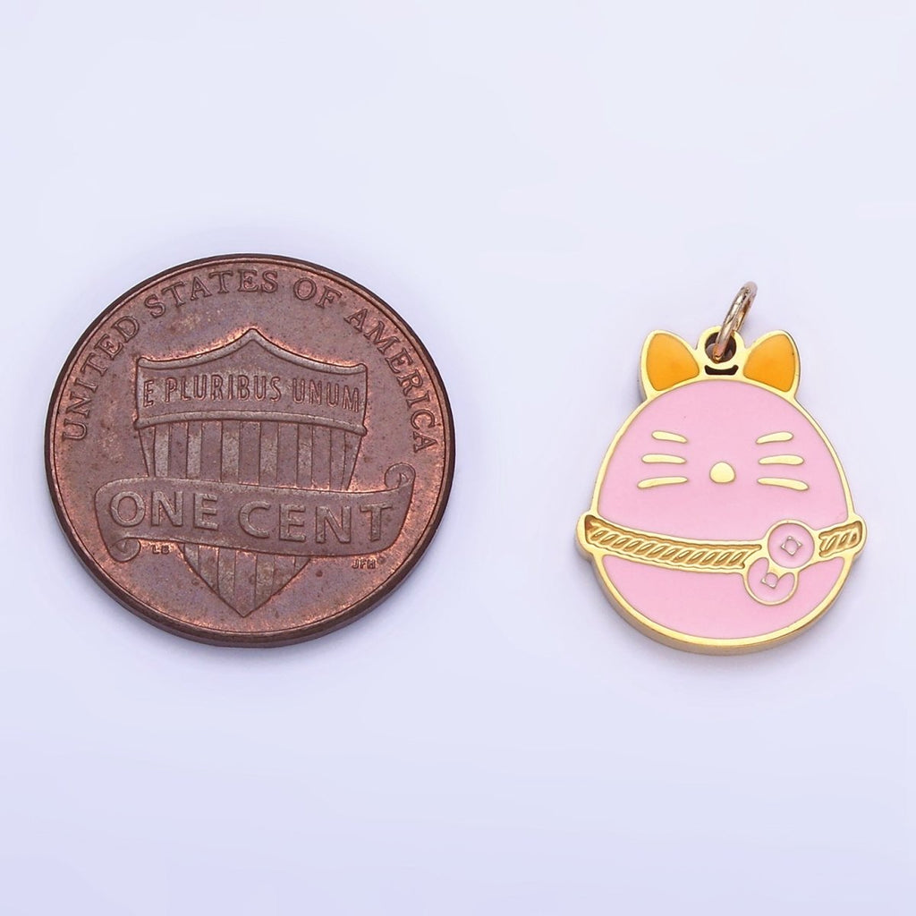 Stainless Steel Pink Fortune Coin Cat Enamel Charm | P1012 - DLUXCA