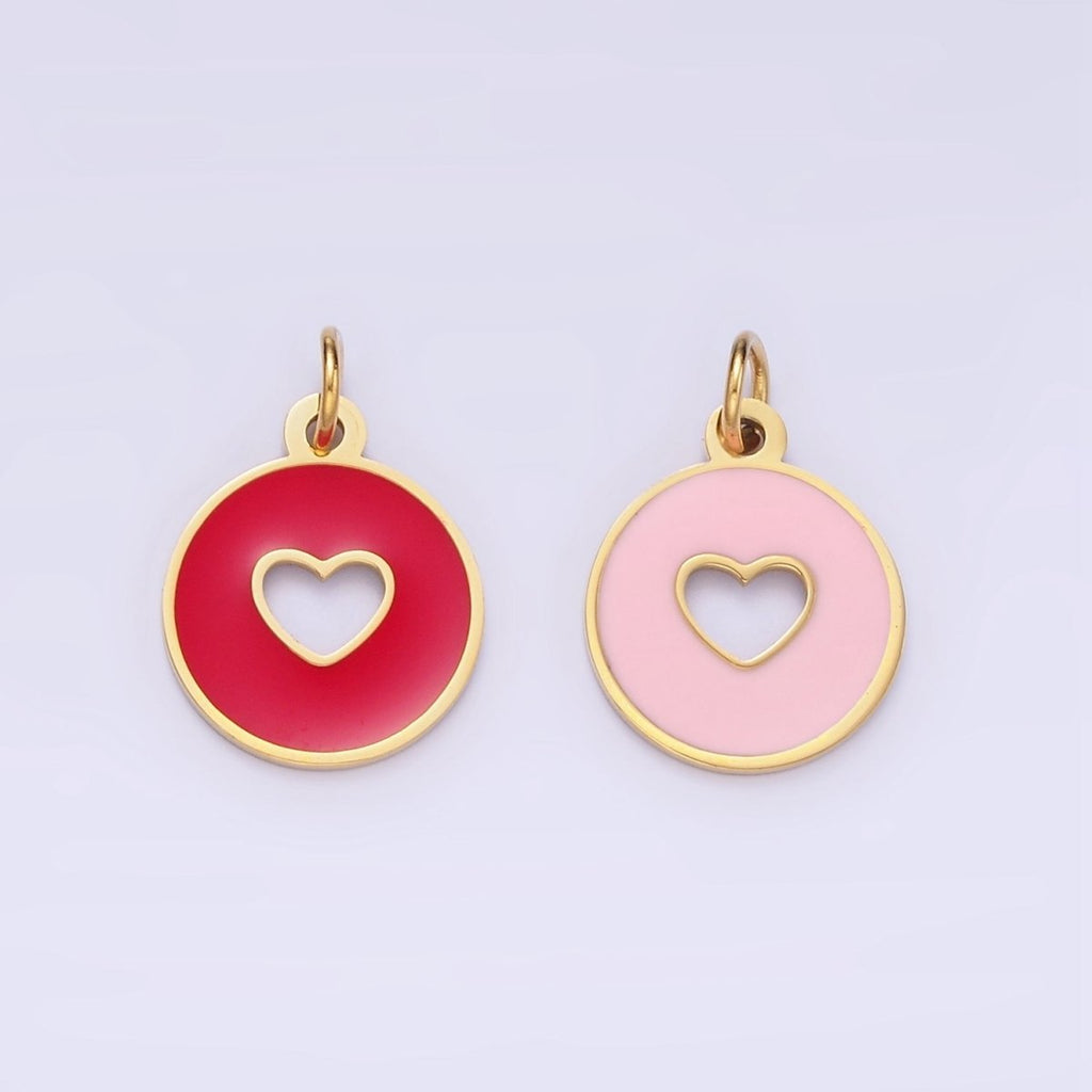 Stainless Steel Pink, Red Open Heart Enamel Round Charm | P958 - DLUXCA