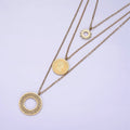 Stainless Steel Queen Elizabeth Triple Round Sun Artisan Coin Triple Layer Chain Stack Necklace | WA-2050 Clearance Pricing - DLUXCA