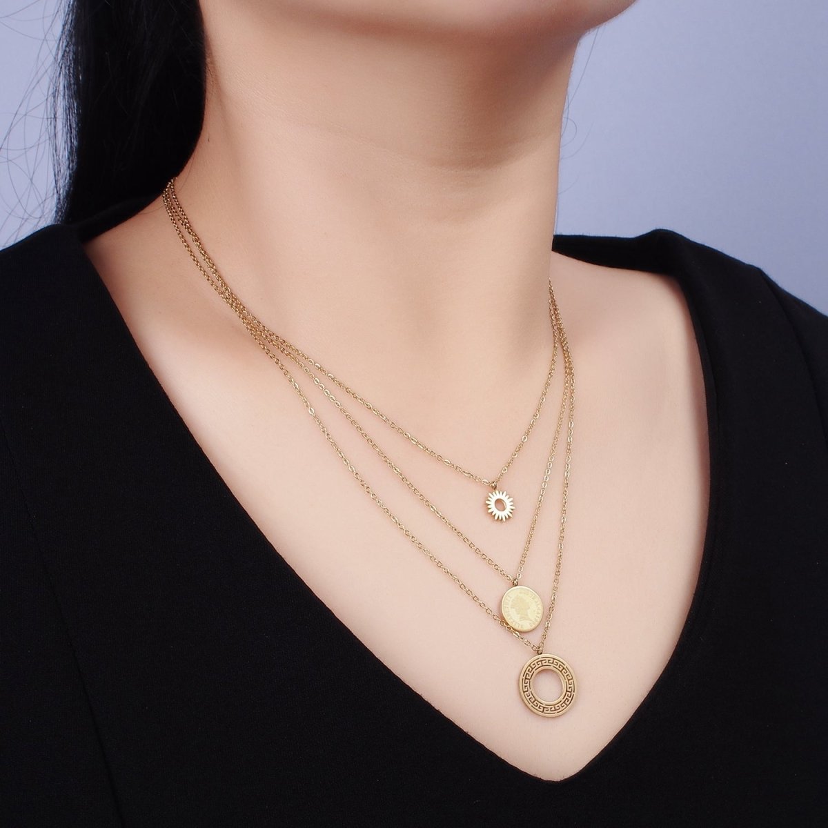 Stainless Steel Queen Elizabeth Triple Round Sun Artisan Coin Triple Layer Chain Stack Necklace | WA-2050 Clearance Pricing - DLUXCA