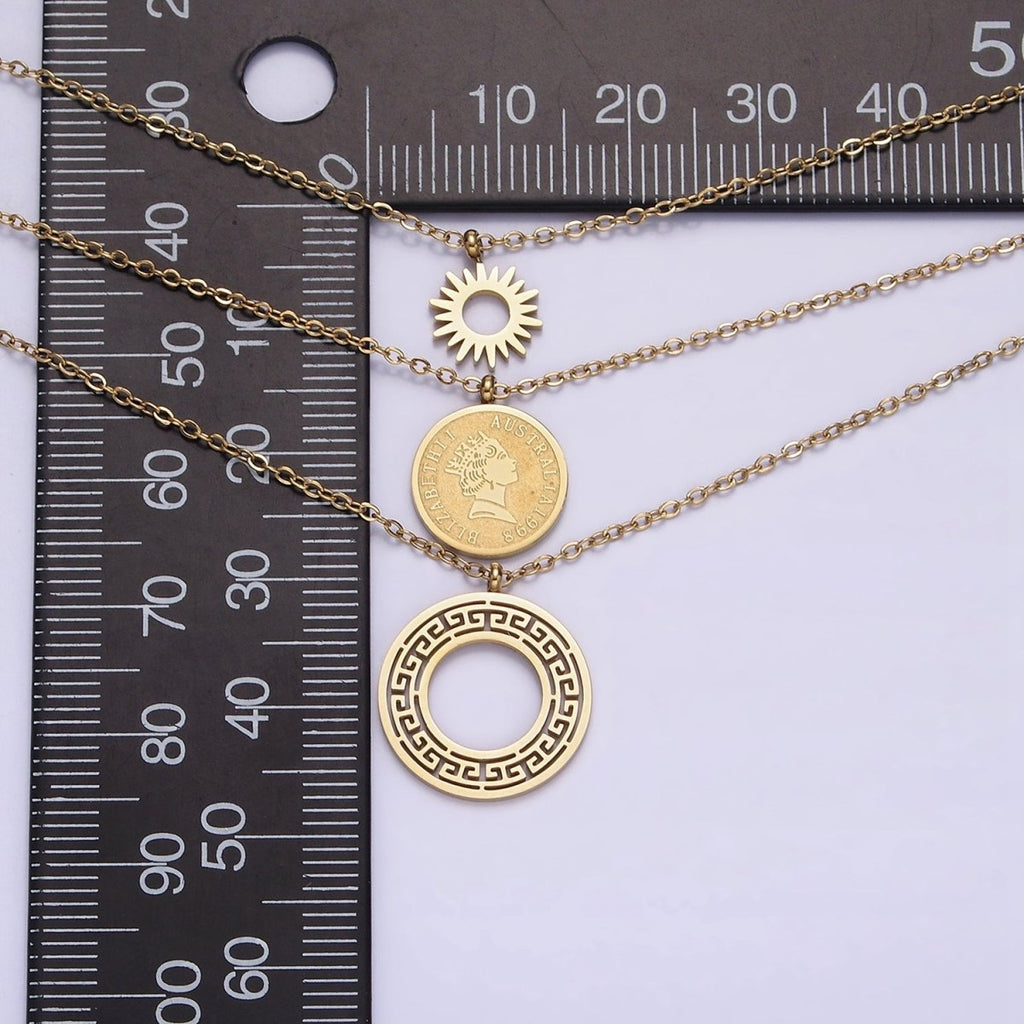 Stainless Steel Queen Elizabeth Triple Round Sun Artisan Coin Triple Layer Chain Stack Necklace | WA-2050 Clearance Pricing - DLUXCA