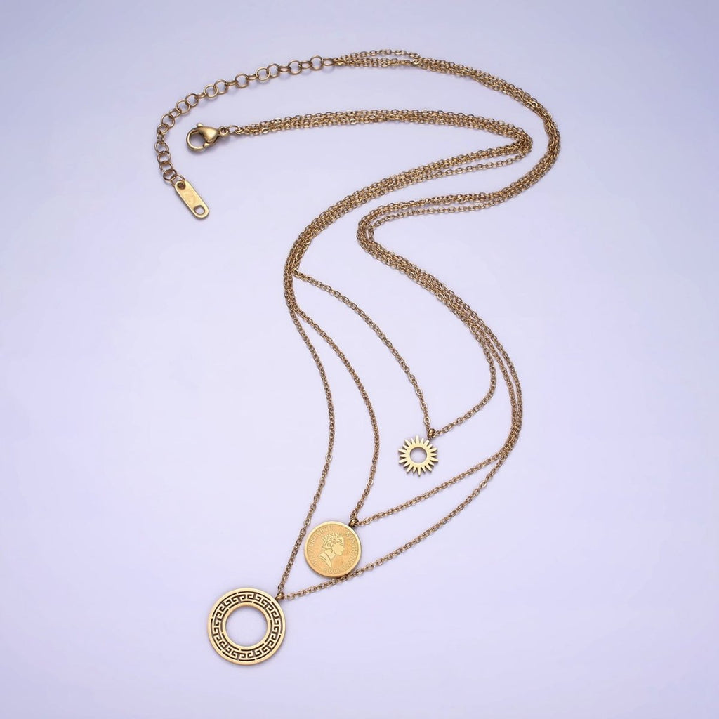 Stainless Steel Queen Elizabeth Triple Round Sun Artisan Coin Triple Layer Chain Stack Necklace | WA-2050 Clearance Pricing - DLUXCA