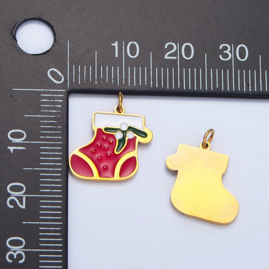 Stainless Steel Red Enamel Mistletoe Stocking Socks Christmas Holiday Charm | P1491 - DLUXCA