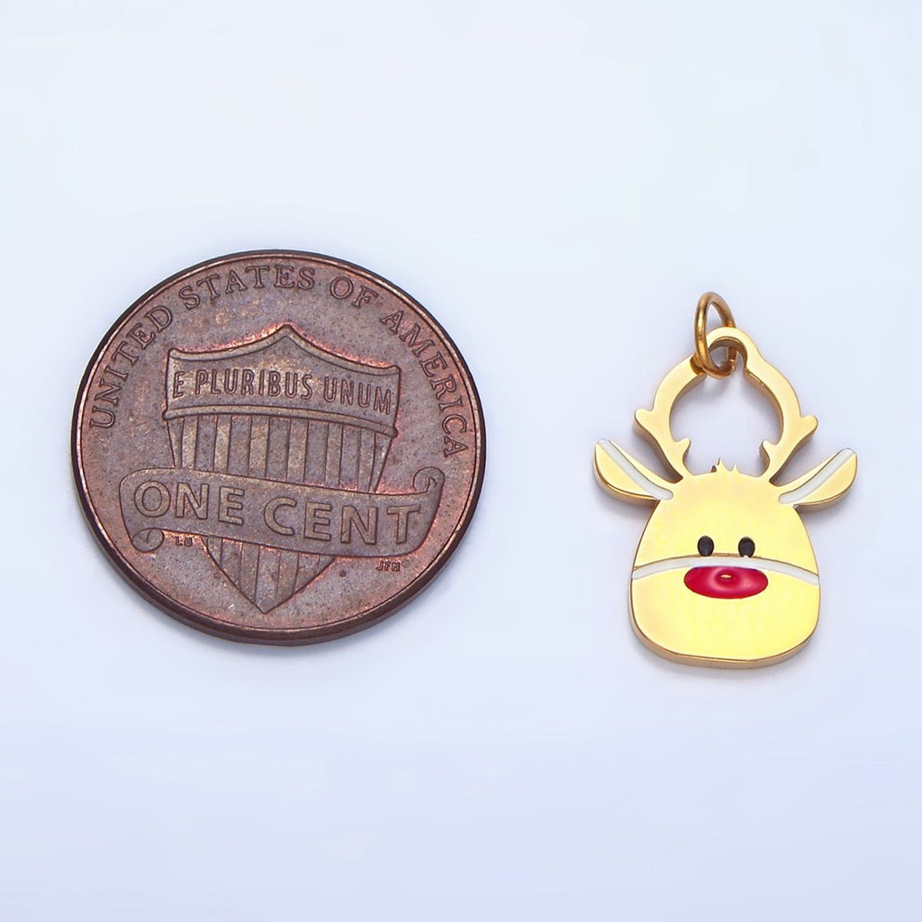 Stainless Steel Red Nose Reindeer Stag Enamel Christmas Holiday Charm | P1507 - DLUXCA