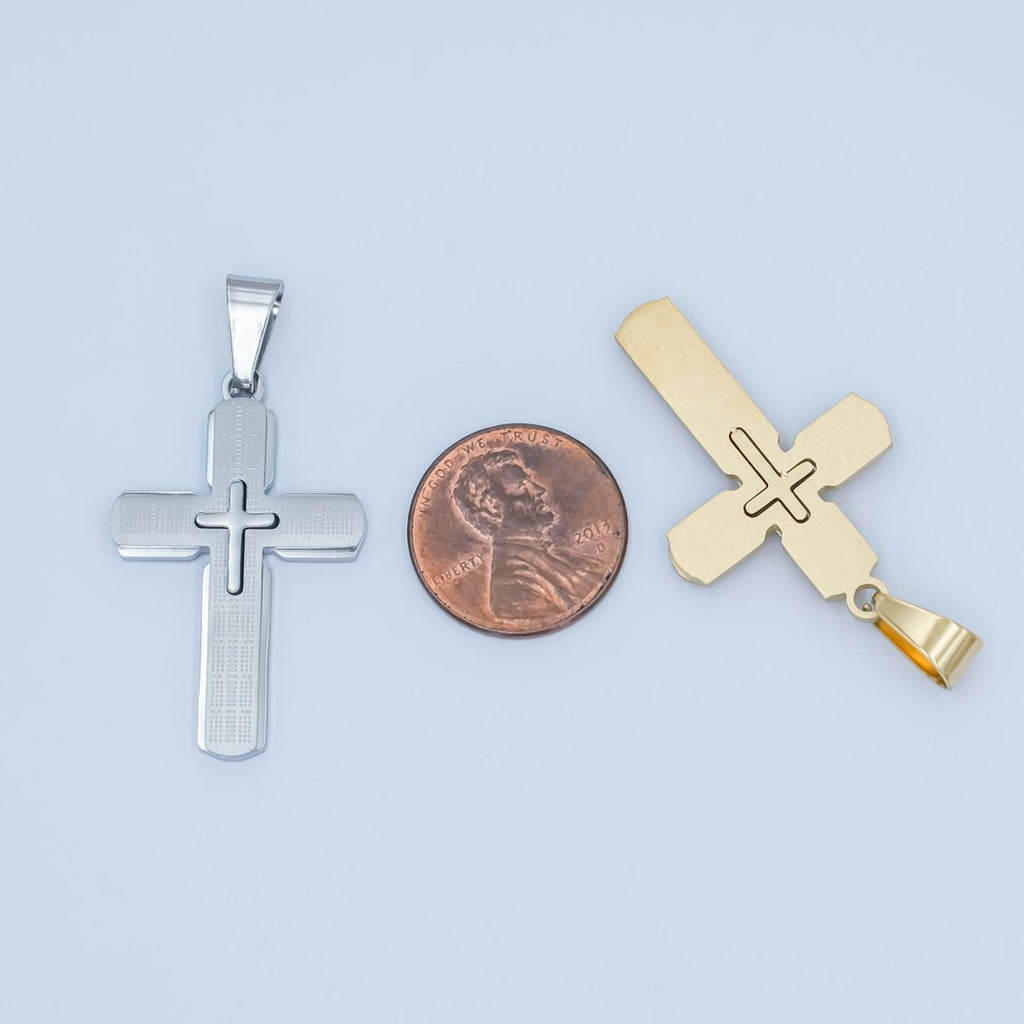 Stainless Steel Religious Cross Line - Textured Pendant in Gold & Silver | P1171 - DLUXCA
