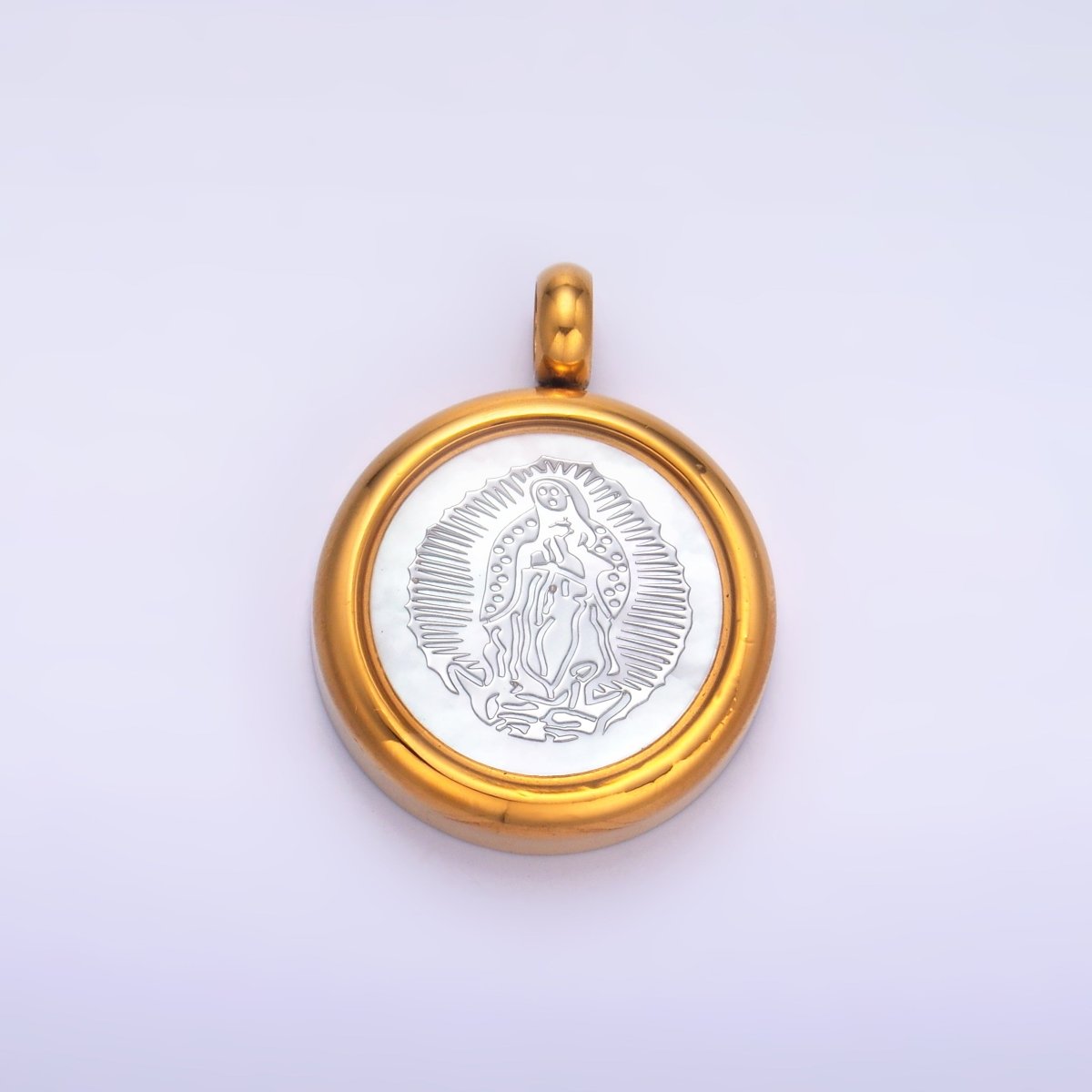 Stainless Steel Religious Mother Mary Shell Pearl Round Pendant | P833 - DLUXCA