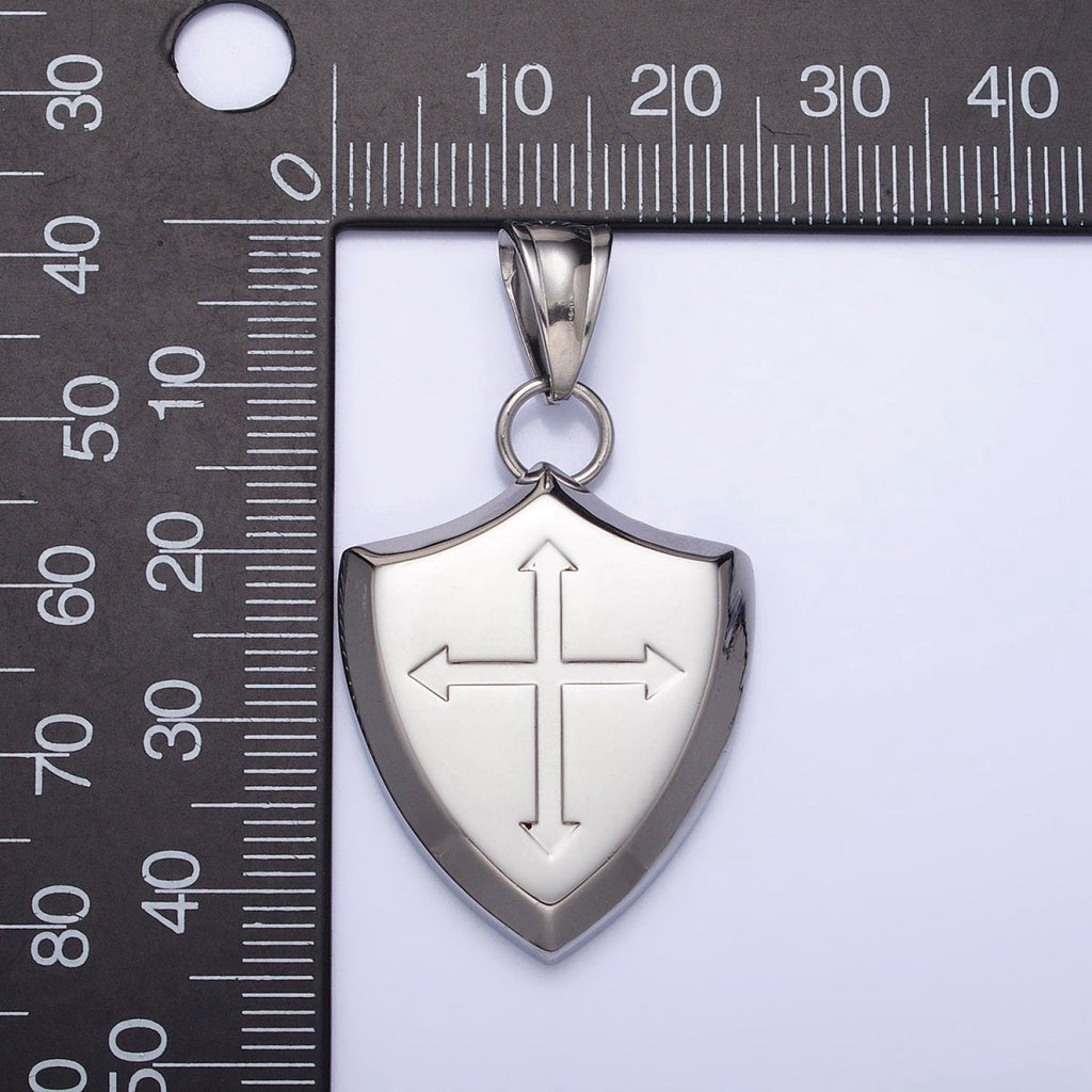 Stainless Steel Religious Passion Cross Shield Crest Pendant in Silver & Gold | P-1134 - DLUXCA