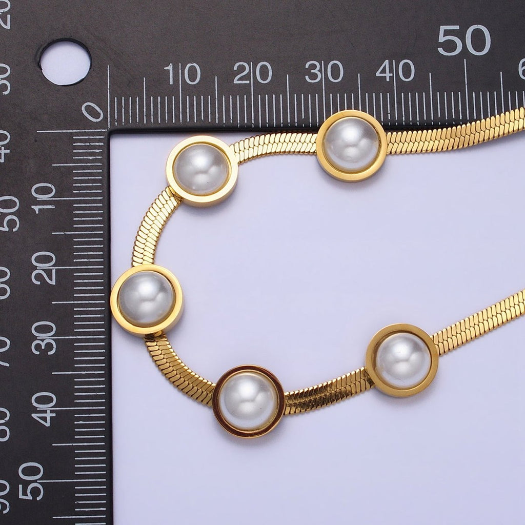 Stainless Steel Rounded Pearl 3mm Herringbone Snake 16 Inch Choker Geometric Chain Necklace | WA-1630 Clearance Pricing - DLUXCA