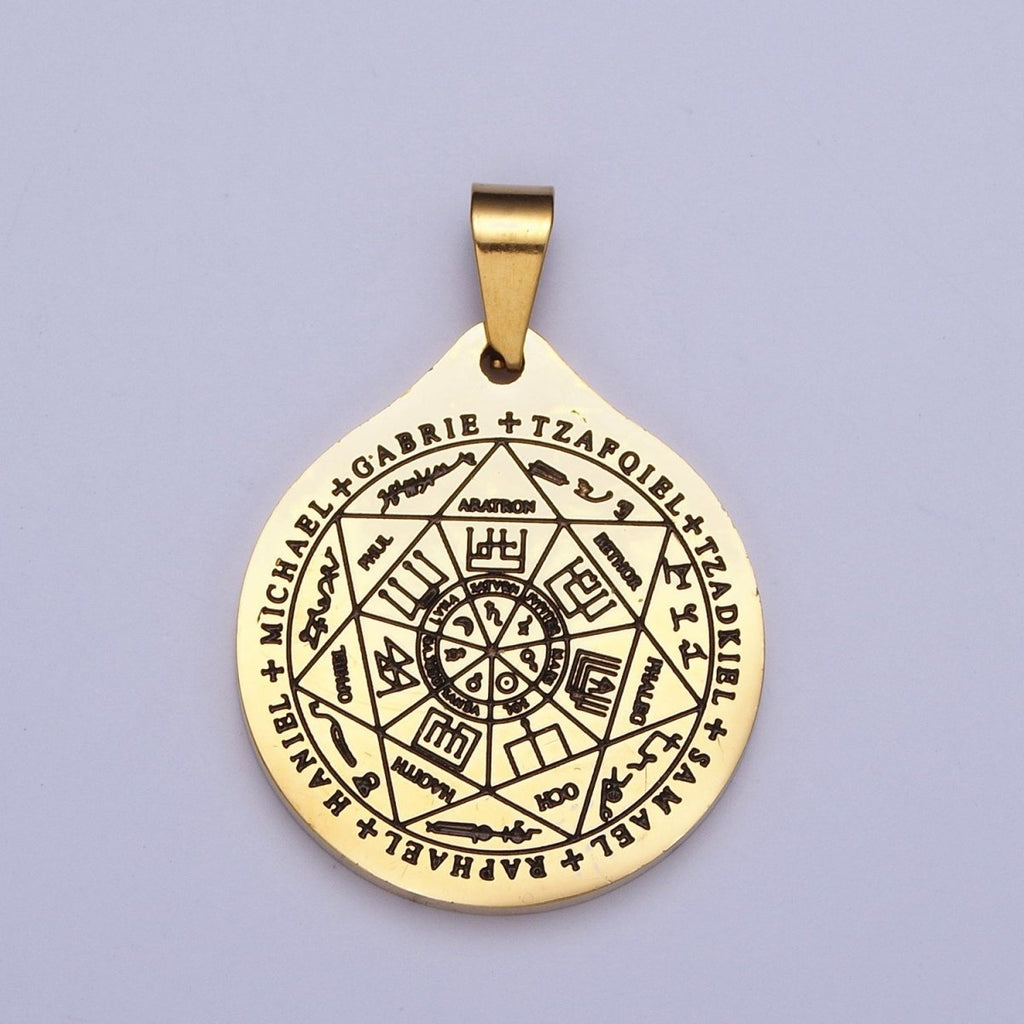 Stainless Steel Seven Archangels Script Engraved Round Medallion Pendant | X655 - DLUXCA