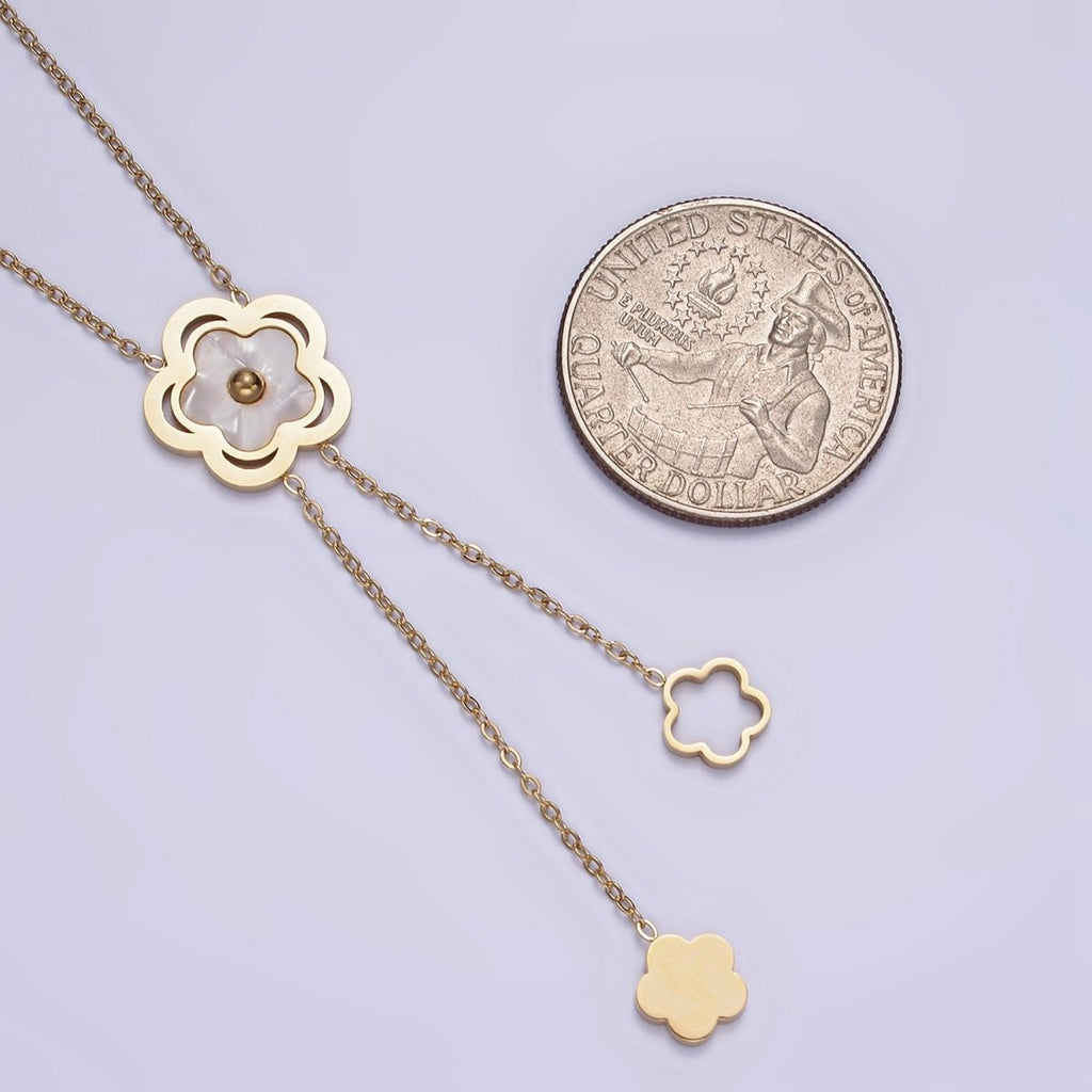 Stainless Steel Shell Pearl Open Flower Double Lariat 17 Inch Chain Necklace | WA-2085 Clearance Pricing - DLUXCA