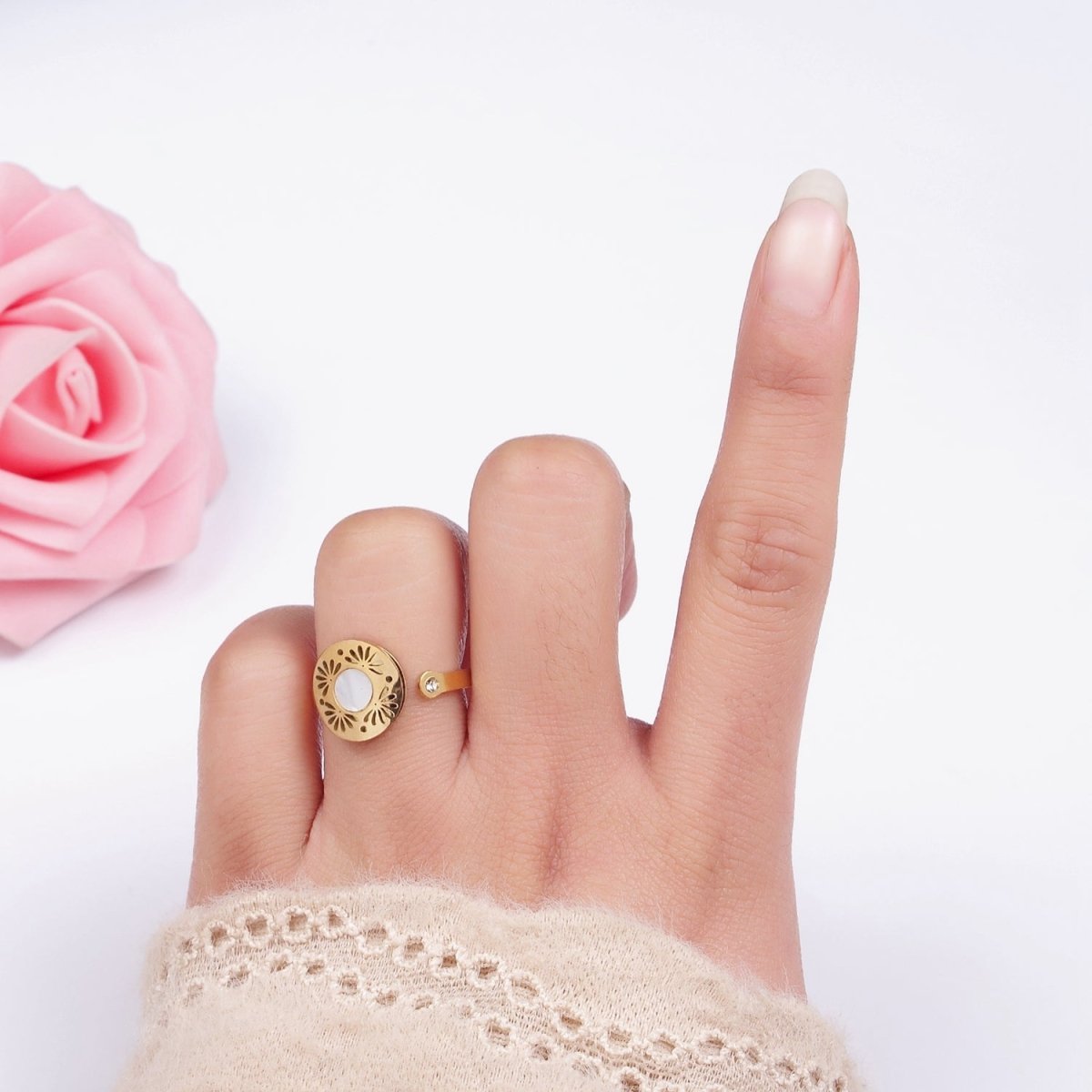 Stainless Steel Shell Pearl Open Flower Petal Filigree Round CZ Wrap Ring | O1297 - DLUXCA