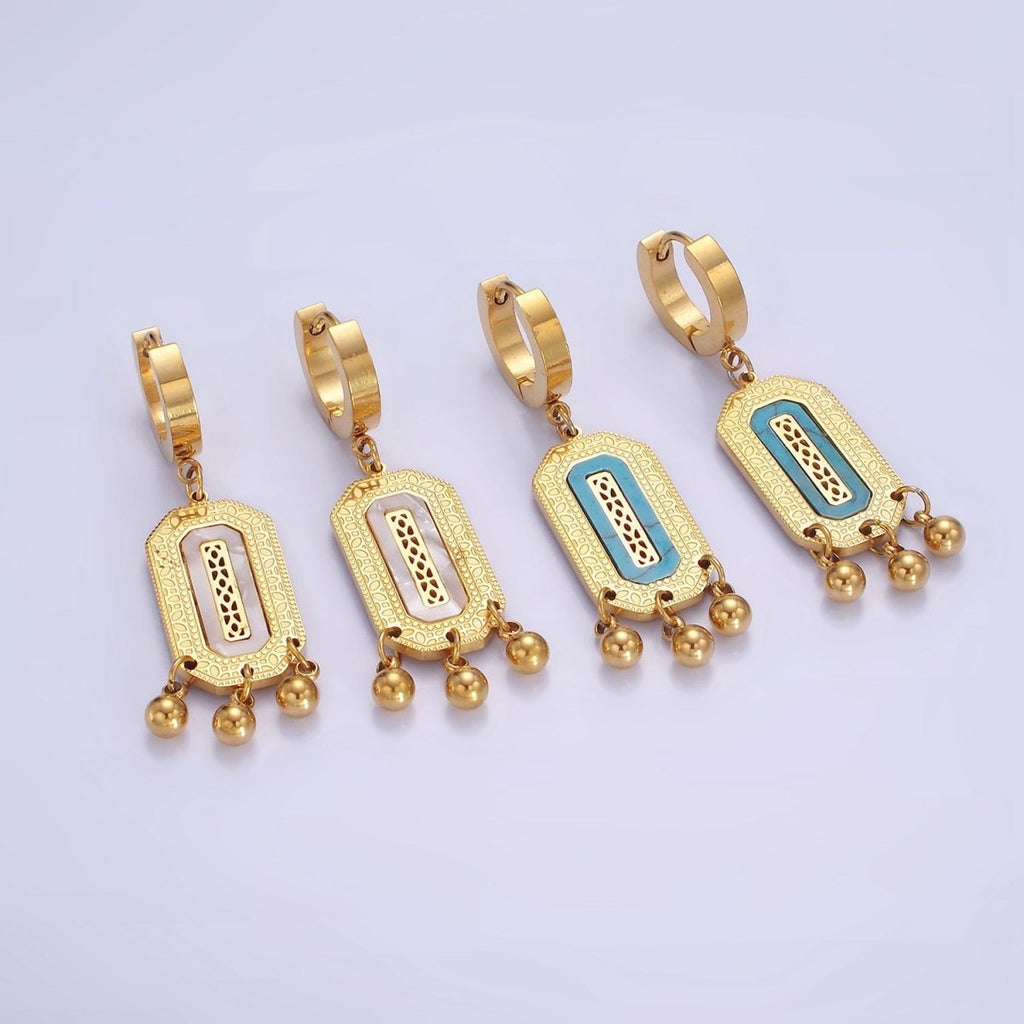 Stainless Steel Shell Pearl, Turquoise Lined Dotted Hexagonal Tag Triple Bead Drop Huggie Earrings | AE471 AE472