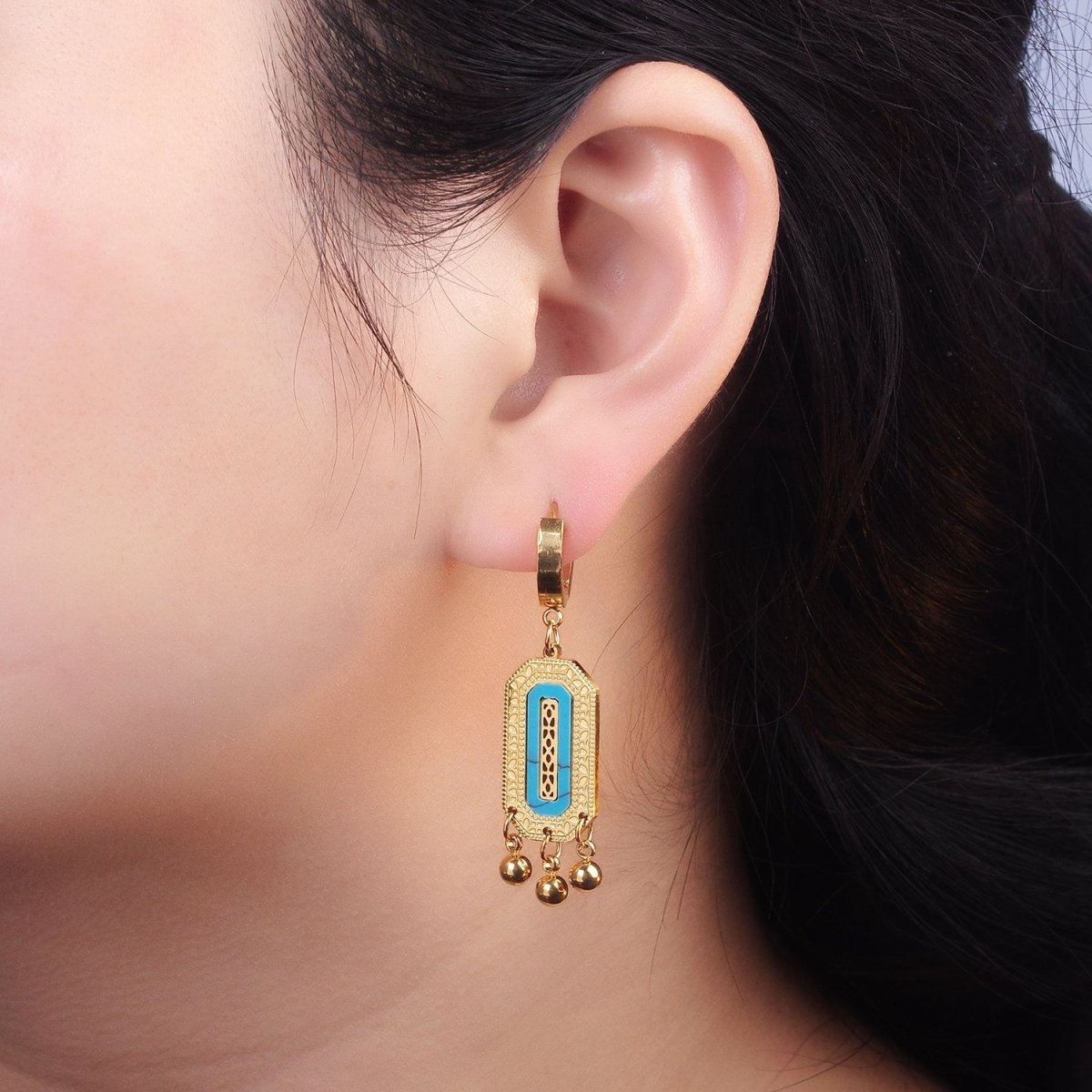 Stainless Steel Shell Pearl, Turquoise Lined Dotted Hexagonal Tag Triple Bead Drop Huggie Earrings | AE471 AE472