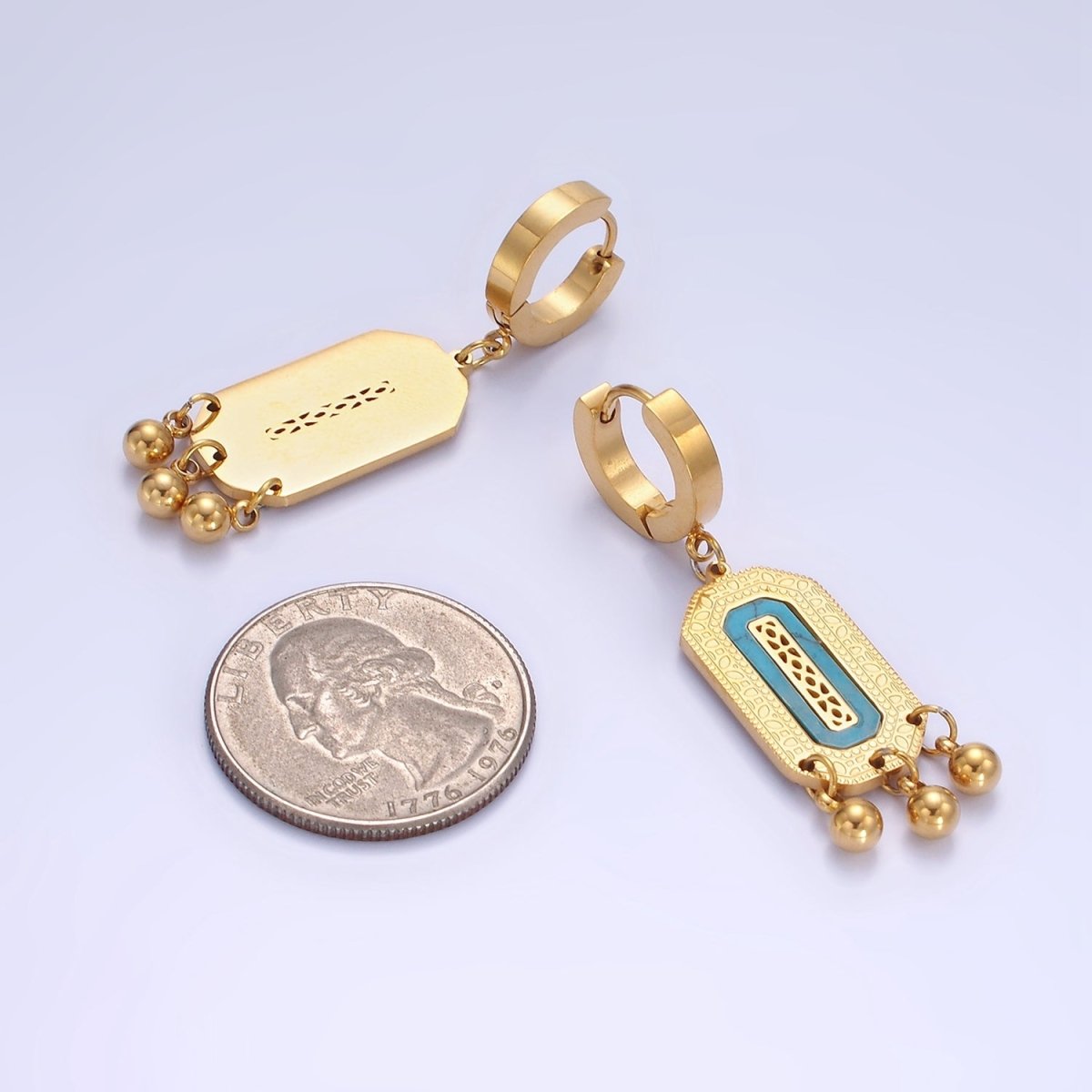 Stainless Steel Shell Pearl, Turquoise Lined Dotted Hexagonal Tag Triple Bead Drop Huggie Earrings | AE471 AE472