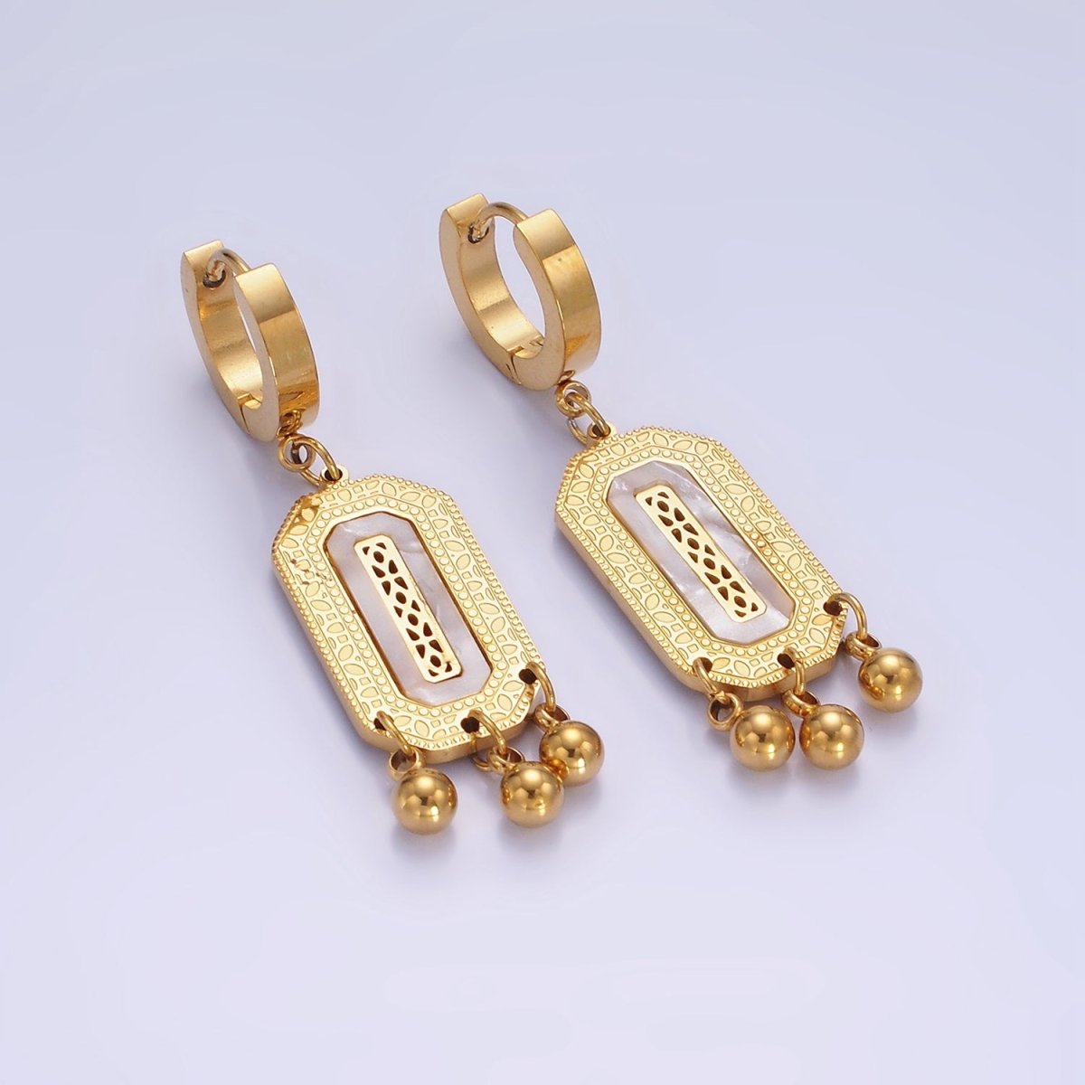 Stainless Steel Shell Pearl, Turquoise Lined Dotted Hexagonal Tag Triple Bead Drop Huggie Earrings | AE471 AE472