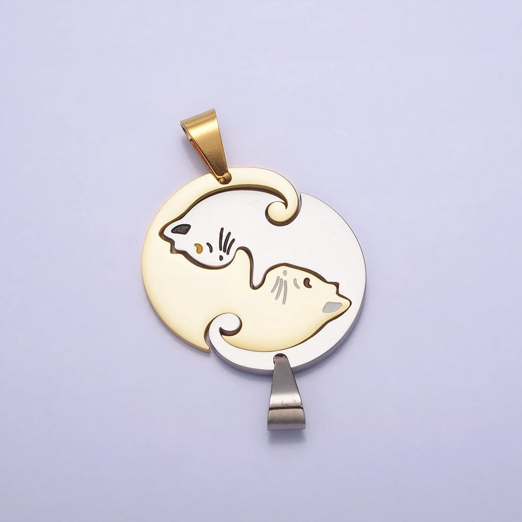 Stainless Steel Sleeping Kitty Cat Couple's Friendship Pendant Set in Gold & Silver | P-1122 - DLUXCA