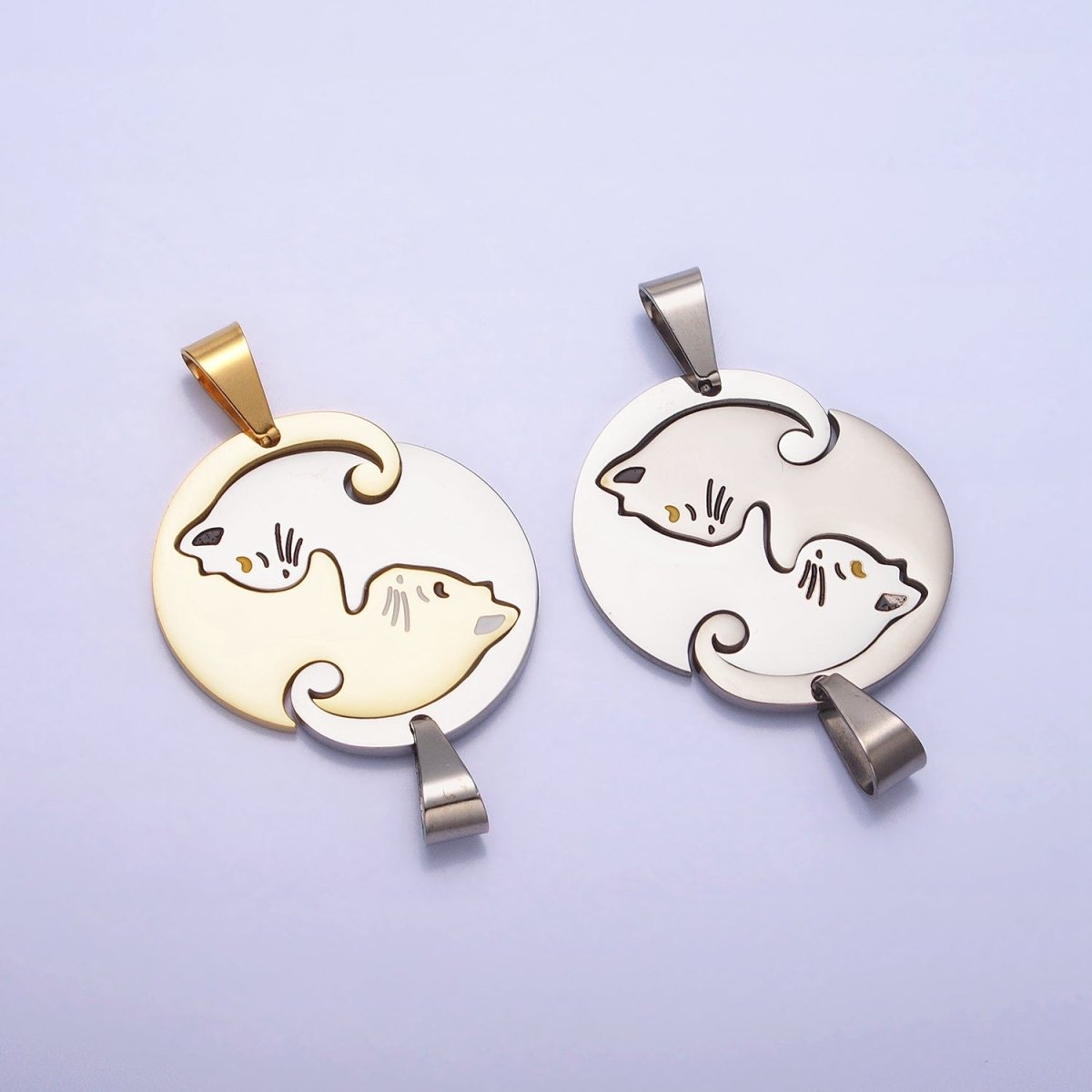 Stainless Steel Sleeping Kitty Cat Couple's Friendship Pendant Set in Gold & Silver | P-1122 - DLUXCA