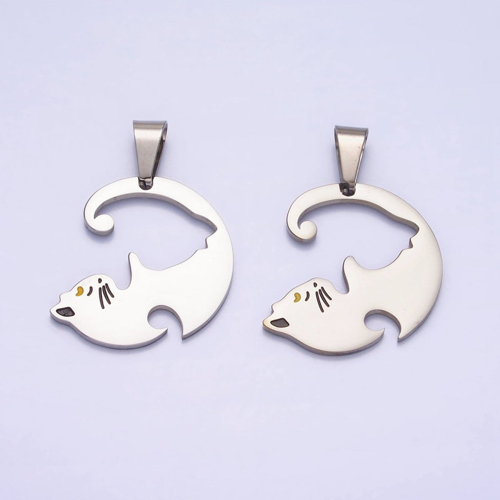 Stainless Steel Sleeping Kitty Cat Couple's Friendship Pendant Set in Gold & Silver | P-1122 - DLUXCA