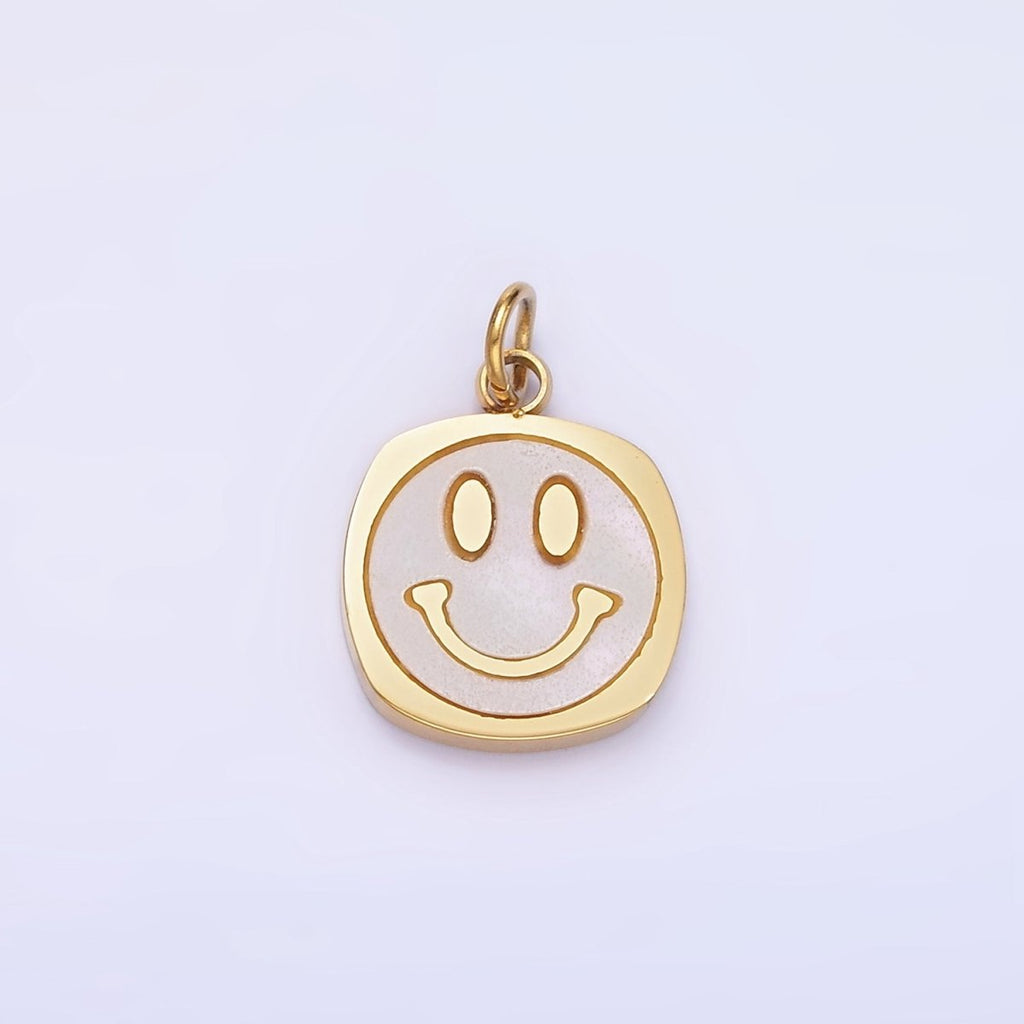 Stainless Steel Smiley Face Shell Pearl Rounded Square Charm | P957 - DLUXCA