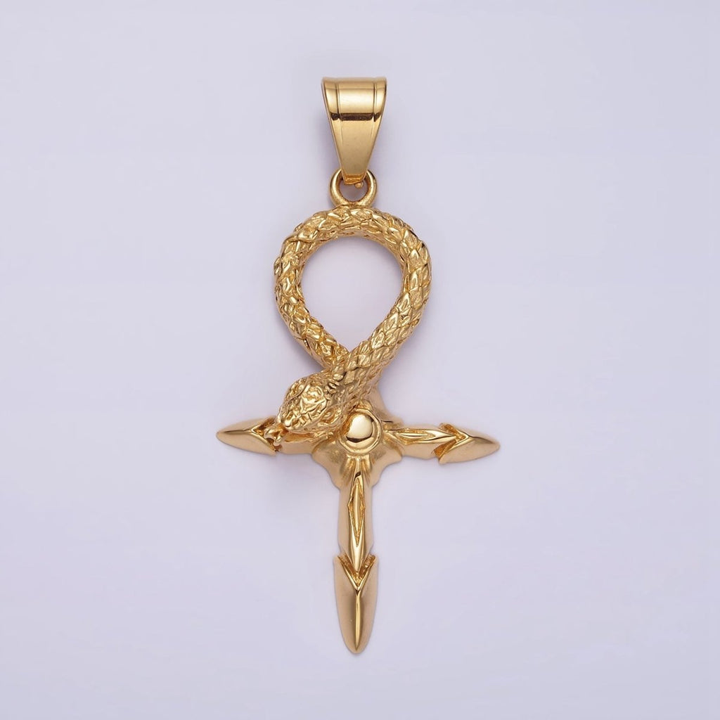 Stainless Steel Snake Serpent Sunburst Arrow Egyptian Ankh Cross Pendant | P-772 - DLUXCA