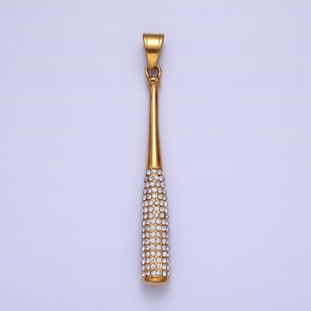 Stainless Steel Sport Baseball Bat Micro Paved CZ Pendant in Gold & Silver J-763 J-771 - DLUXCA
