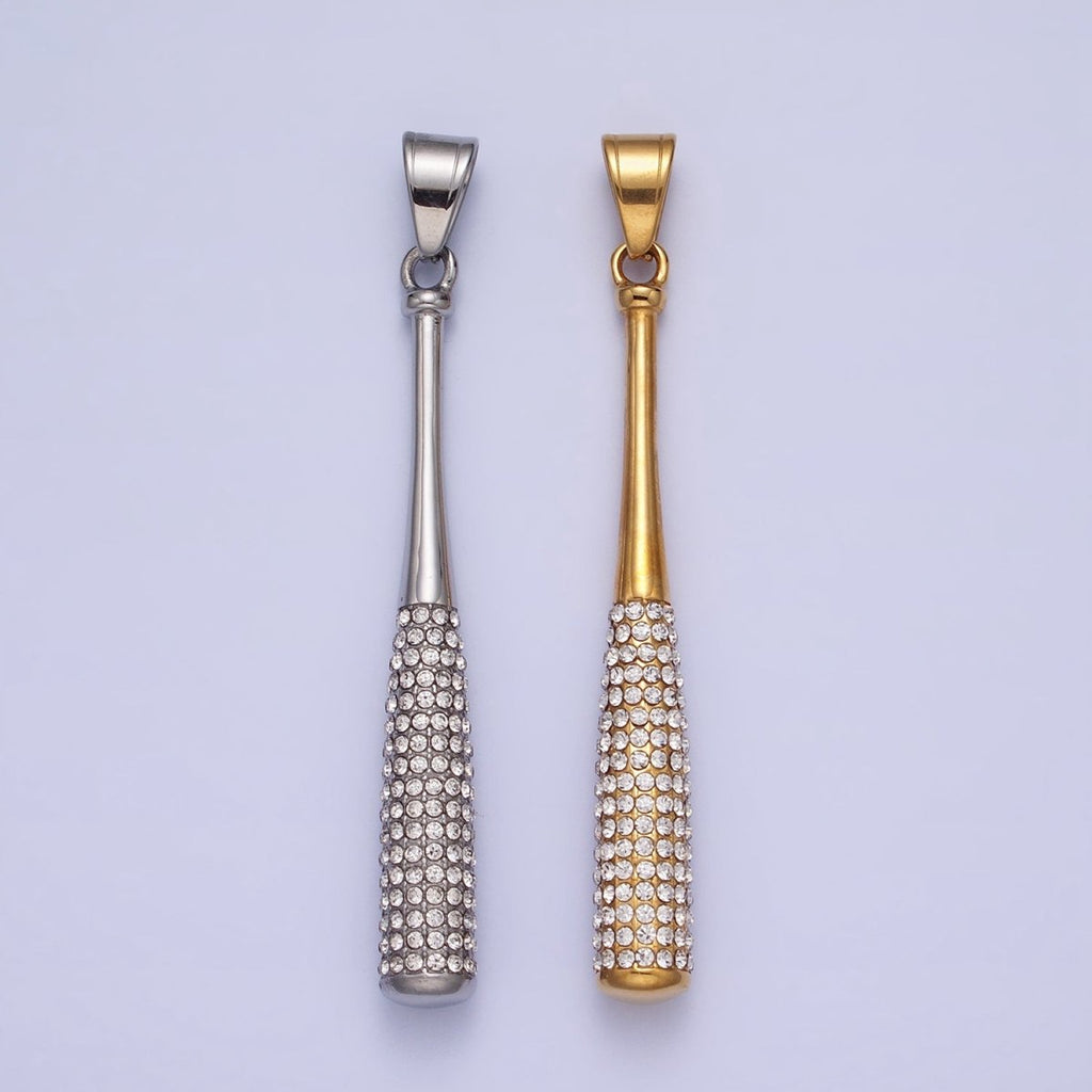 Stainless Steel Sport Baseball Bat Micro Paved CZ Pendant in Gold & Silver J-763 J-771 - DLUXCA