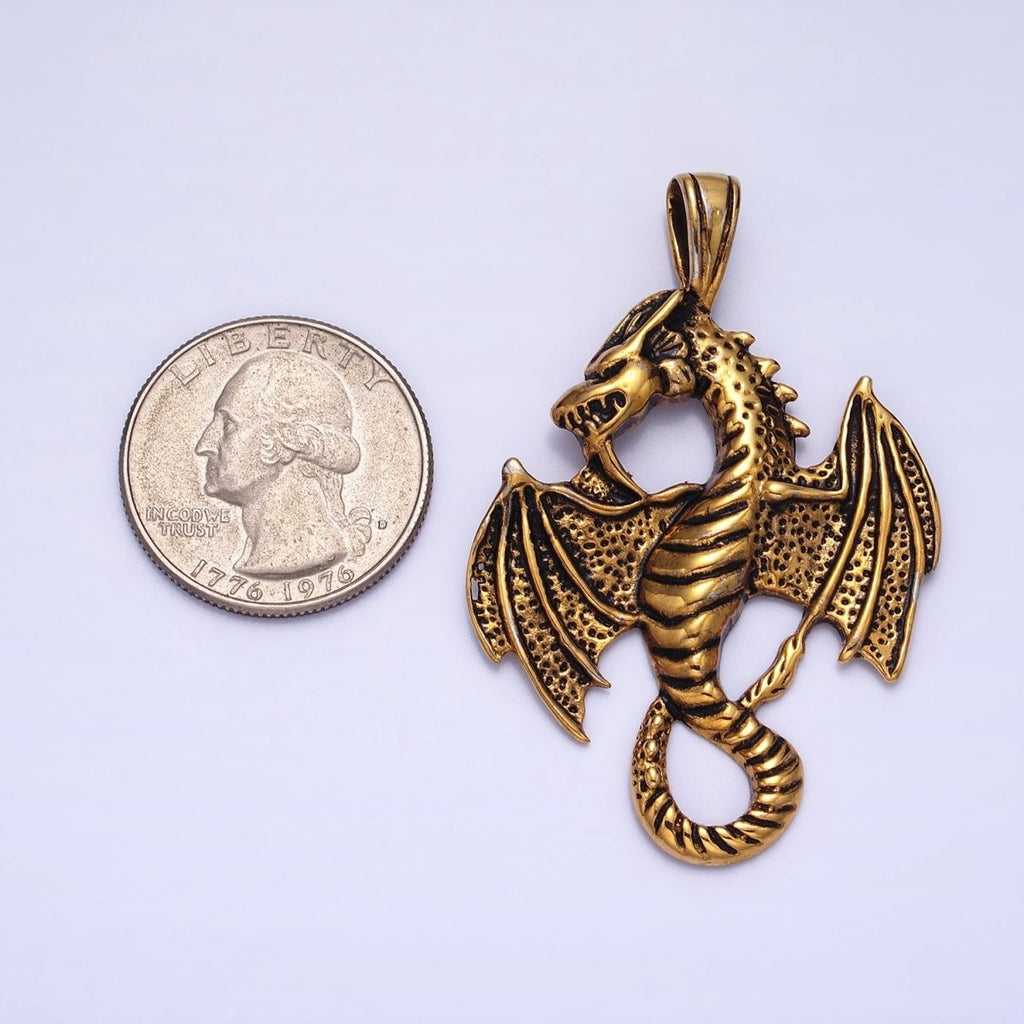 Stainless Steel Textured Winged Dragon Pendant in Gold & Silver P-1148 - DLUXCA