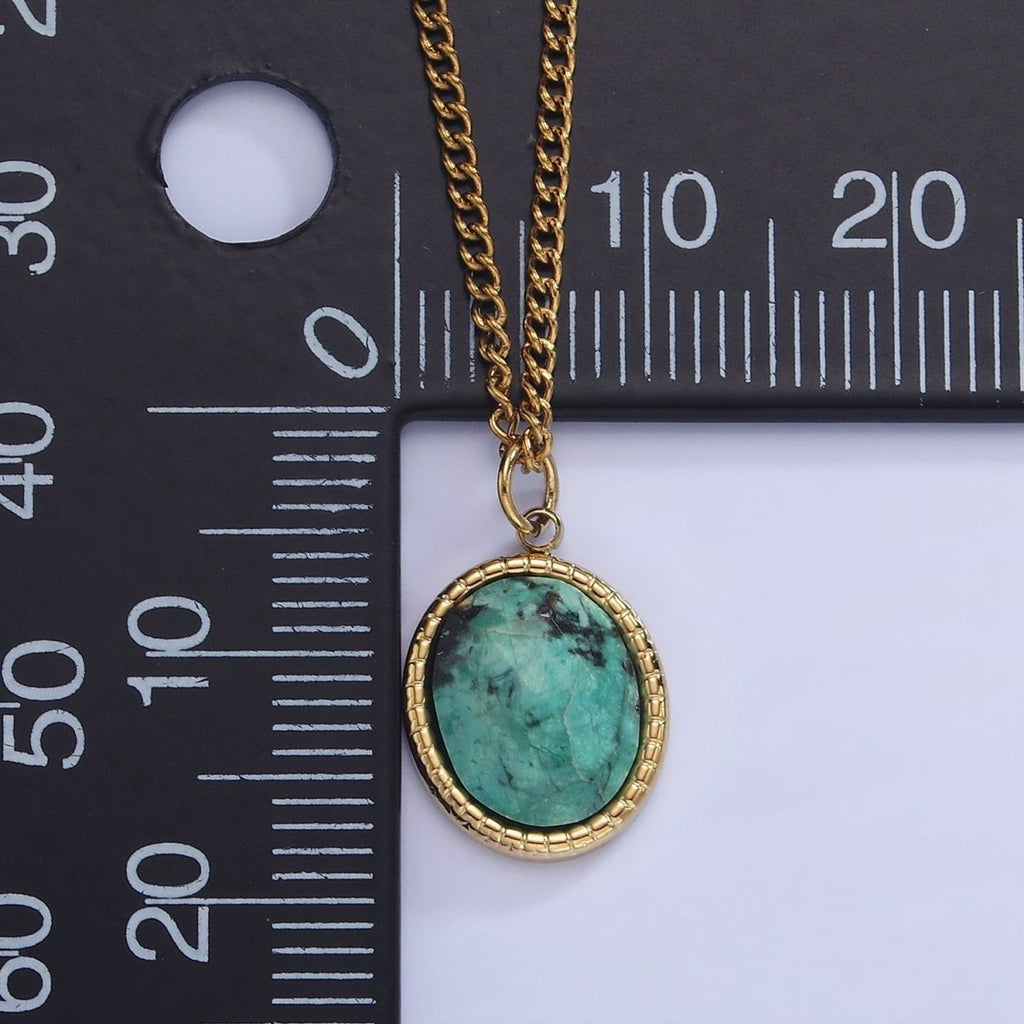 Stainless Steel Turquoise Oval Bezel Curb Chain 16 Inch Necklace w. Extender | WA-2471 - DLUXCA