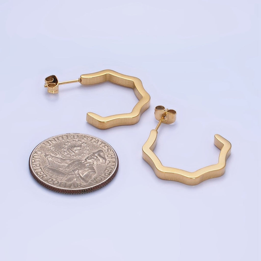 Stainless Steel Wavy Geometric C-Shaped Hoop Earrings in Gold & Silver | AB1376 AB1377