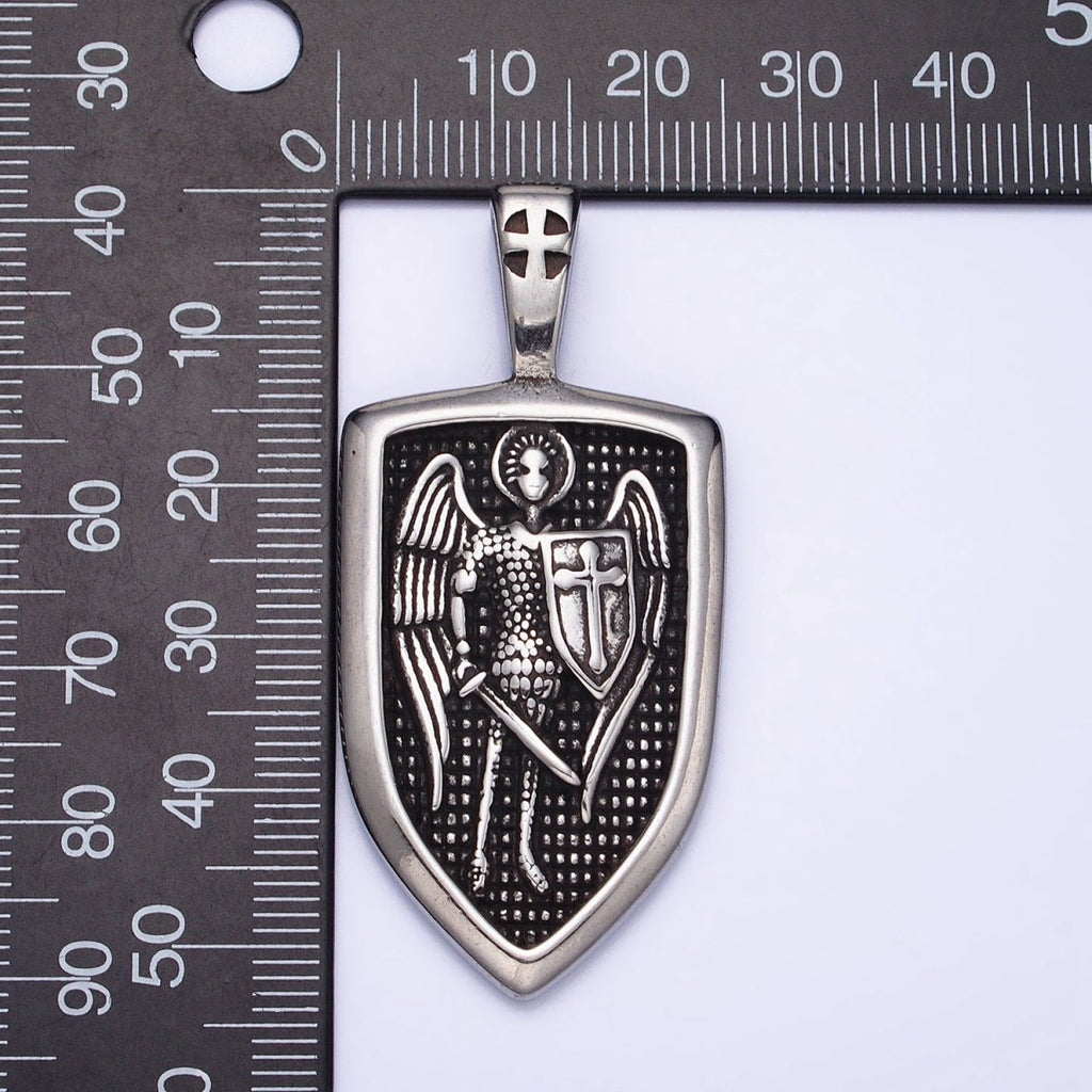 Stainless Steel Winged Angel Soldier Religious Cross Shield Crest Double Sided Pendant in Silver & Gold | P - 1135 - DLUXCA