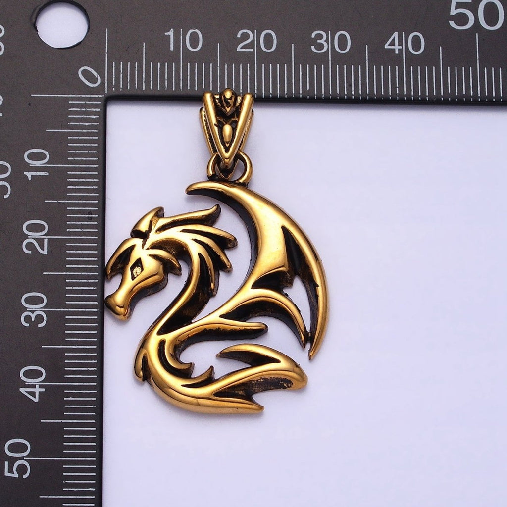 Stainless Steel Winged Geometric Spiked Dragon Gold, Silver Pendant | P-1127 - DLUXCA