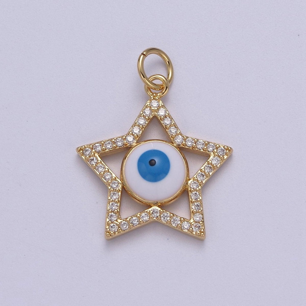 Star Cubic Evil Eye Charm, 14K Gold plated Micro CZ Pave Pendant, 18*23mm, Necklace Earring Bracelet Making, Jewelry Finding D-762 - DLUXCA
