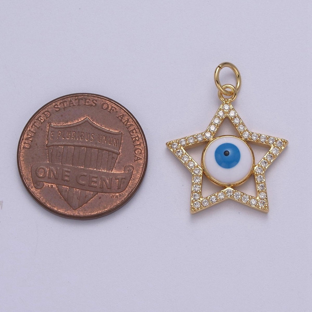 Star Cubic Evil Eye Charm, 14K Gold plated Micro CZ Pave Pendant, 18*23mm, Necklace Earring Bracelet Making, Jewelry Finding D-762 - DLUXCA