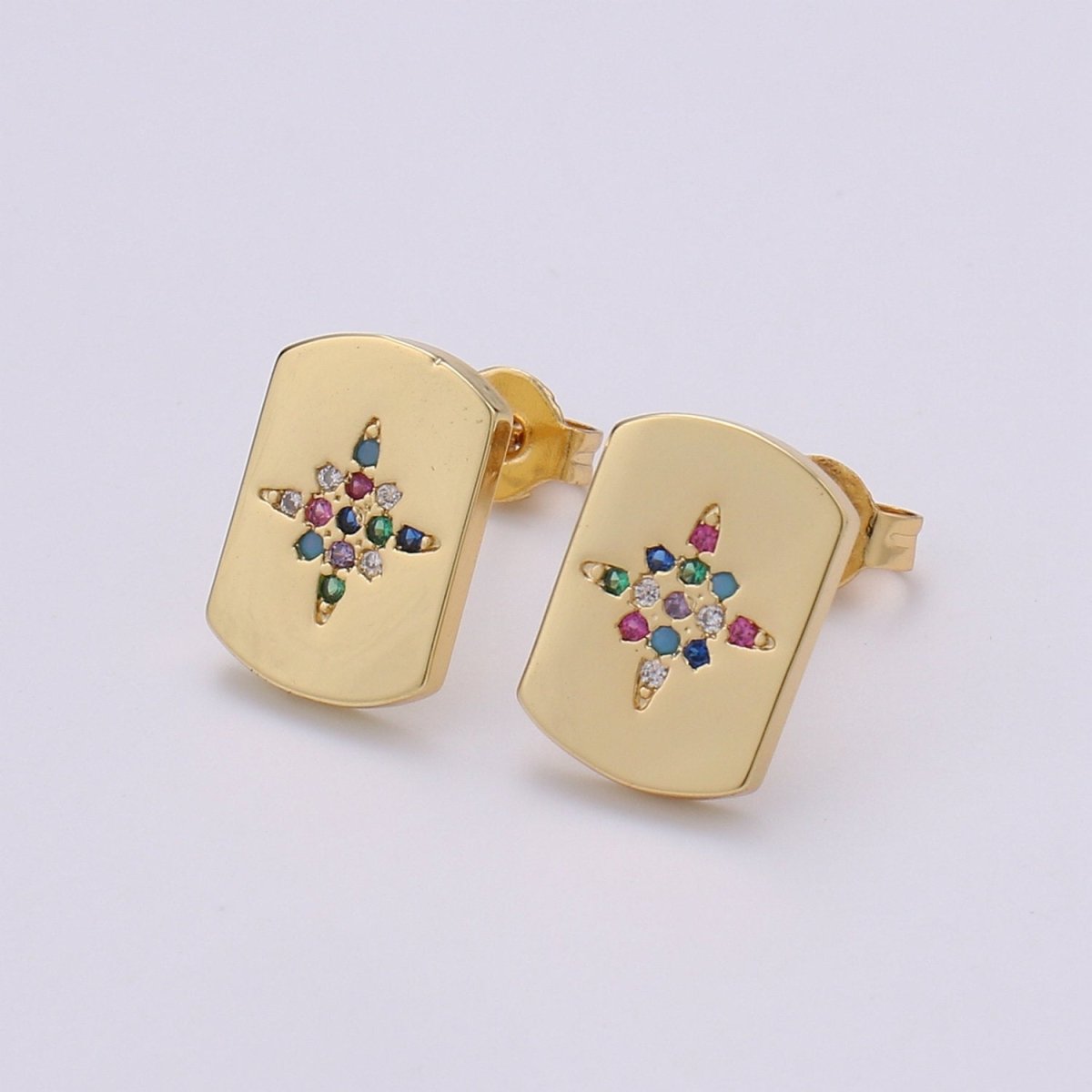 Starburst Stud Earring | Gold Star Earring | North Star Stud Earring With Cubic Zirconia 14k Gold plated Q-299 - DLUXCA