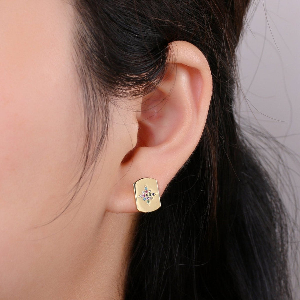 Starburst Stud Earring | Gold Star Earring | North Star Stud Earring With Cubic Zirconia 14k Gold plated Q-299 - DLUXCA