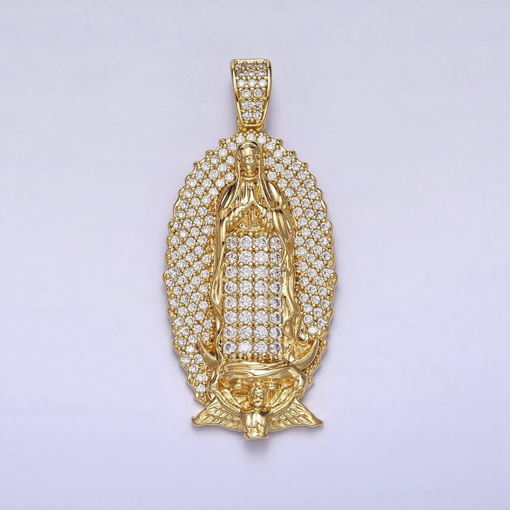 Statement 14K Gold plated Lady Guadalupe Oval Pendant Gold Virgin Mary Charm Micro Pave Religious Jewelry AA-300 - DLUXCA