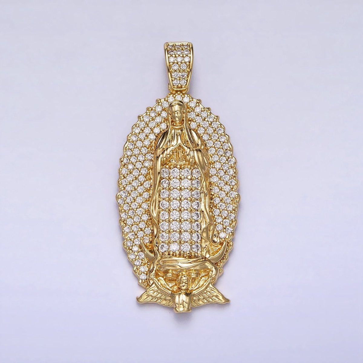 Statement 14K Gold plated Lady Guadalupe Oval Pendant Gold Virgin Mary Charm Micro Pave Religious Jewelry AA-300 - DLUXCA