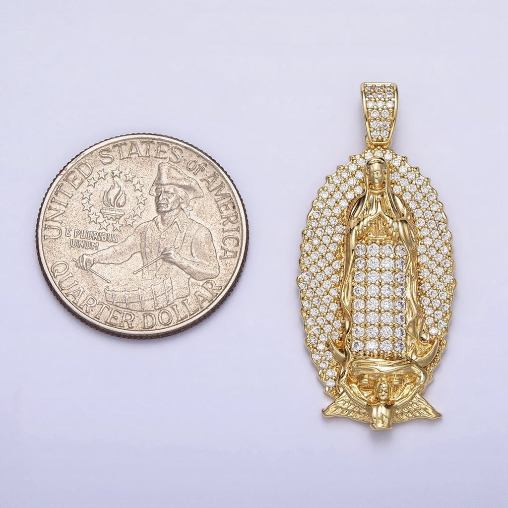 Statement 14K Gold plated Lady Guadalupe Oval Pendant Gold Virgin Mary Charm Micro Pave Religious Jewelry AA-300 - DLUXCA
