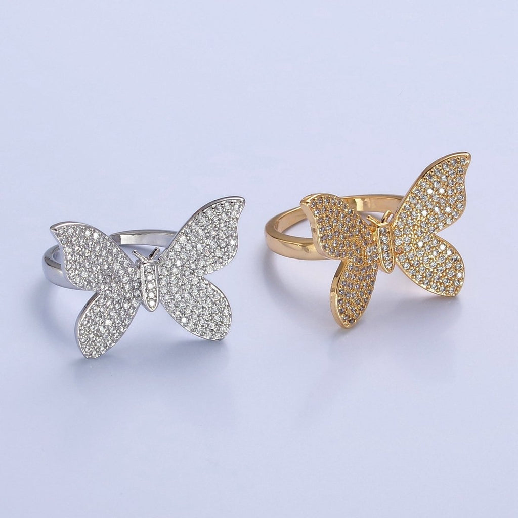 Statement Big Mariposa Ring Gold Pave Silver Butterfly Ring Open Adjustable Jewelry O-2229 O-2230 - DLUXCA